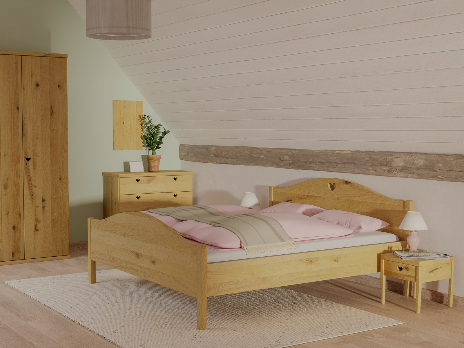 Schlafzimmer mit Eichenbett Hell „Hermine“ 180 x 200 cm -  mit niedrigem runden Fußteil und mit Kopfteil „Herz“