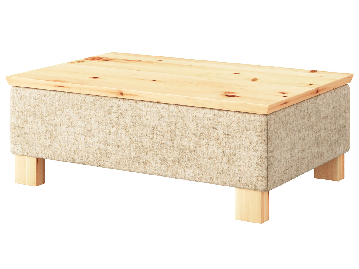 Hocker-Tisch „Stellan“ mit Stoff Loden von „Steiner 1888“: Farbe Beige, Tischplatte aus Zirbe, Holzfüße in Zirbe