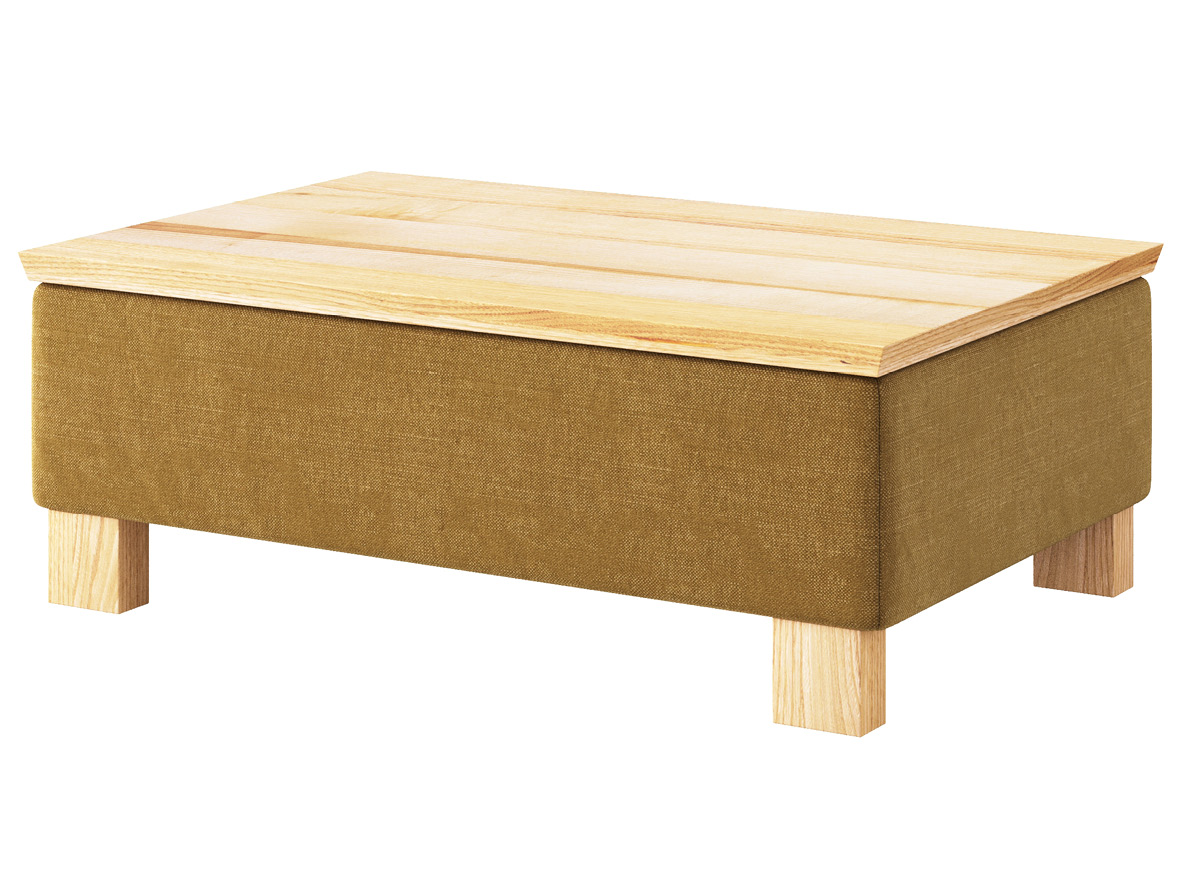 Hocker-Tisch „Stellan“ mit Stoff „Hochobir“: Farbe Schlamm, Tischplatte aus Esche, Holzfüße in Esche