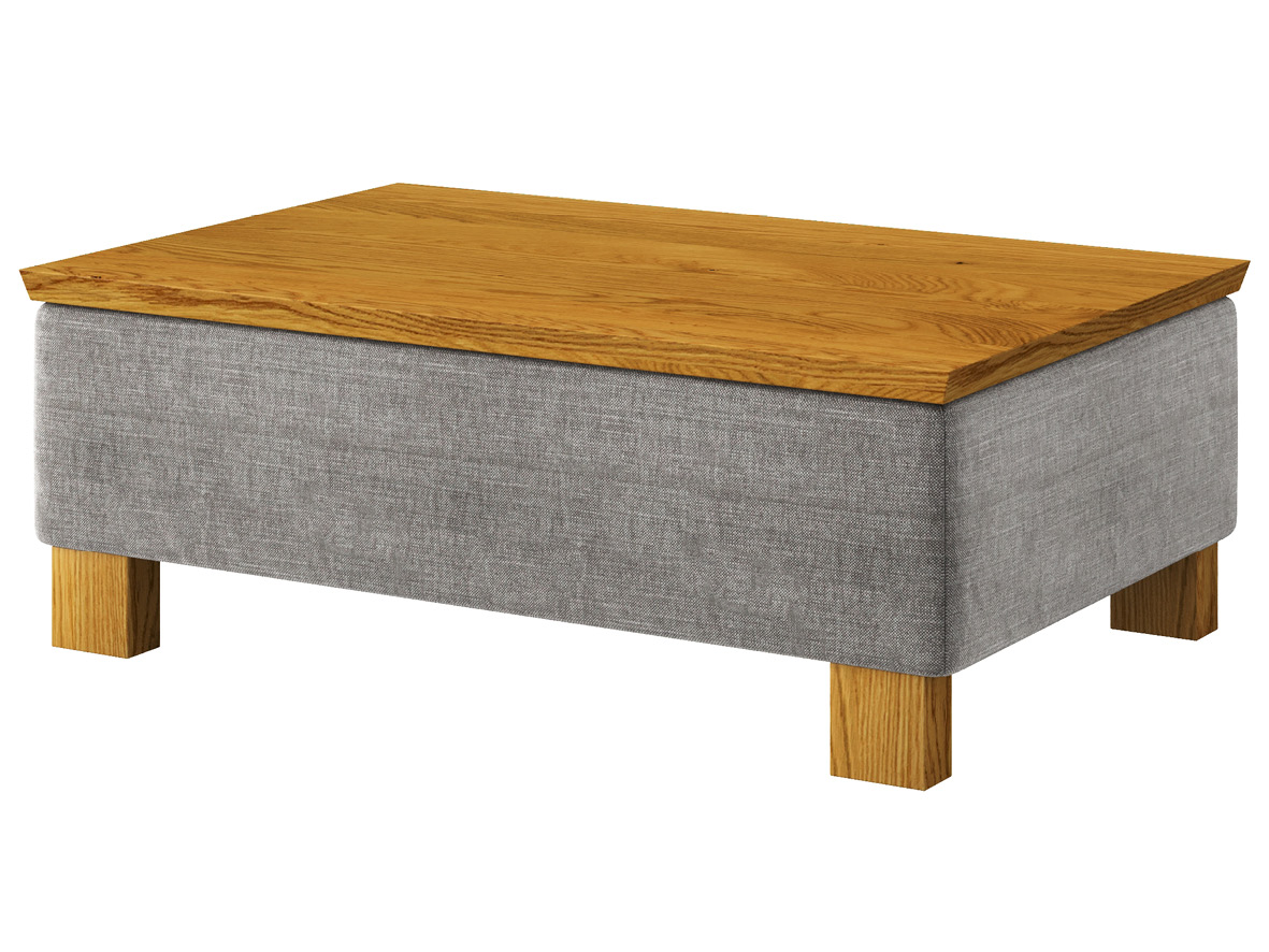 Hocker-Tisch „Stellan“ mit Stoff „Hochobir“: Farbe Stein, Tischplatte aus Eiche, Holzfüße in Eiche