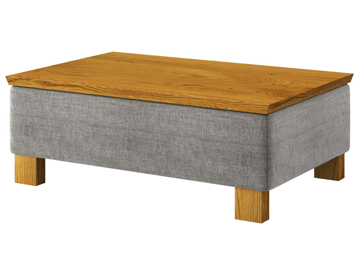 Hocker-Tisch „Stellan“ mit Stoff „Hochobir“: Farbe Stein, Tischplatte aus Eiche, Holzfüße in Eiche