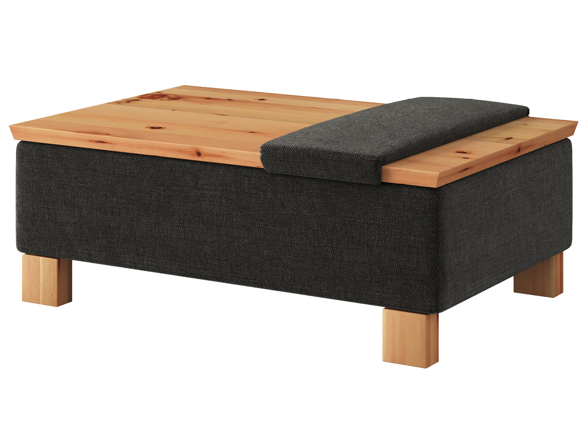 Hocker-Tisch „Stellan“ mit Stoff „Hochobir“: Farbe Dunkelgrau mit Sitzauflage, Tischplatte aus Zirbe geölt, Holzfüße in Zirbe geölt