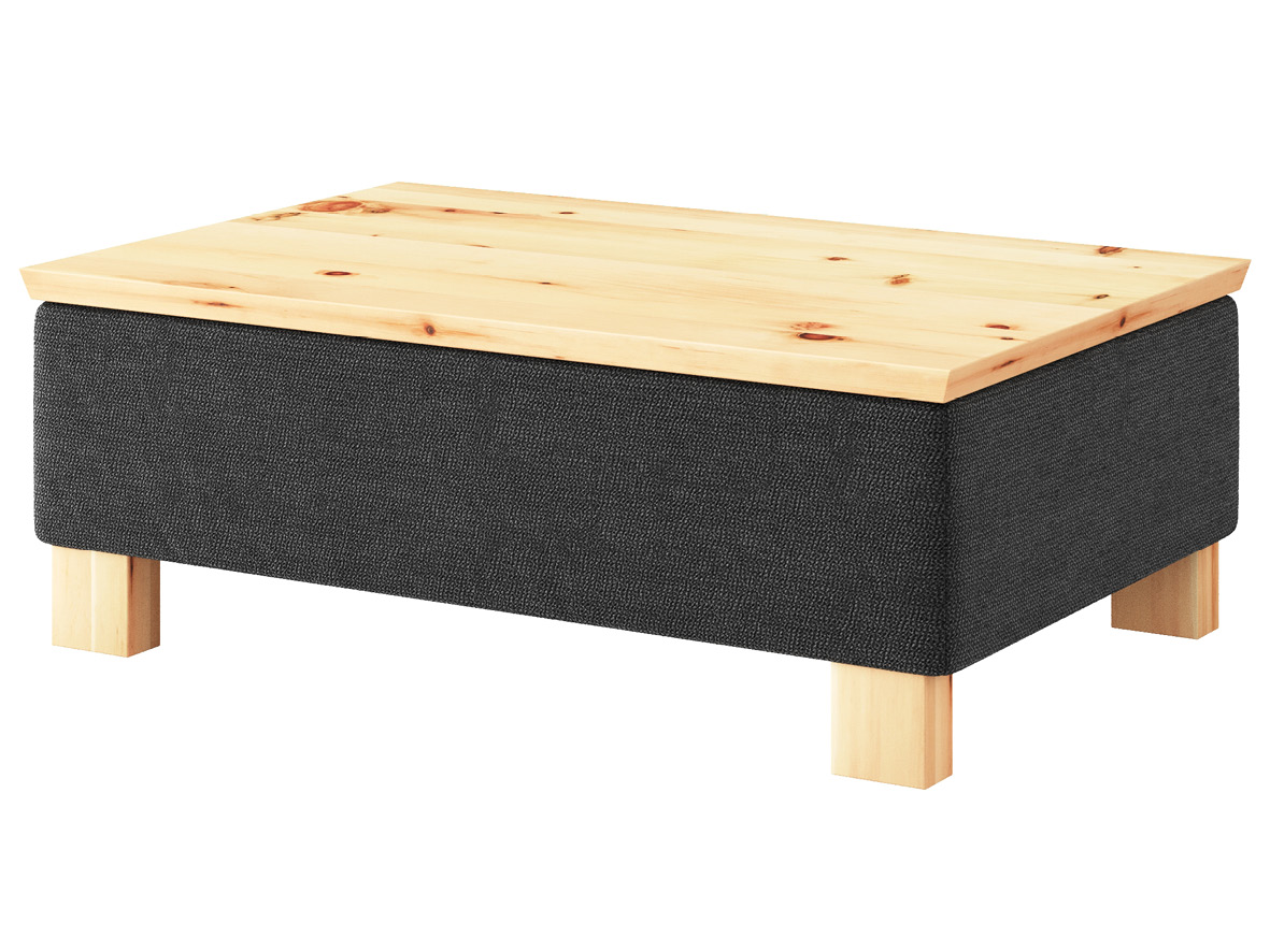 Hocker-Tisch „Stellan“ mit Stoff „Ankogel“: Farbe Karbon, Tischplatte aus Zirbe, Holzfüße in Zirbe