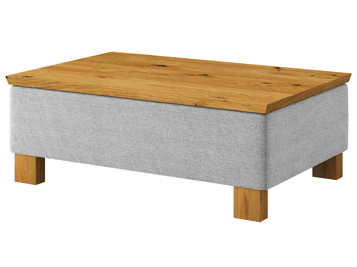 Hocker-Tisch „Stellan“ mit Stoff „Ankogel“: Farbe Fels, Tischplatte aus Wildeiche, Holzfüße in Wildeiche
