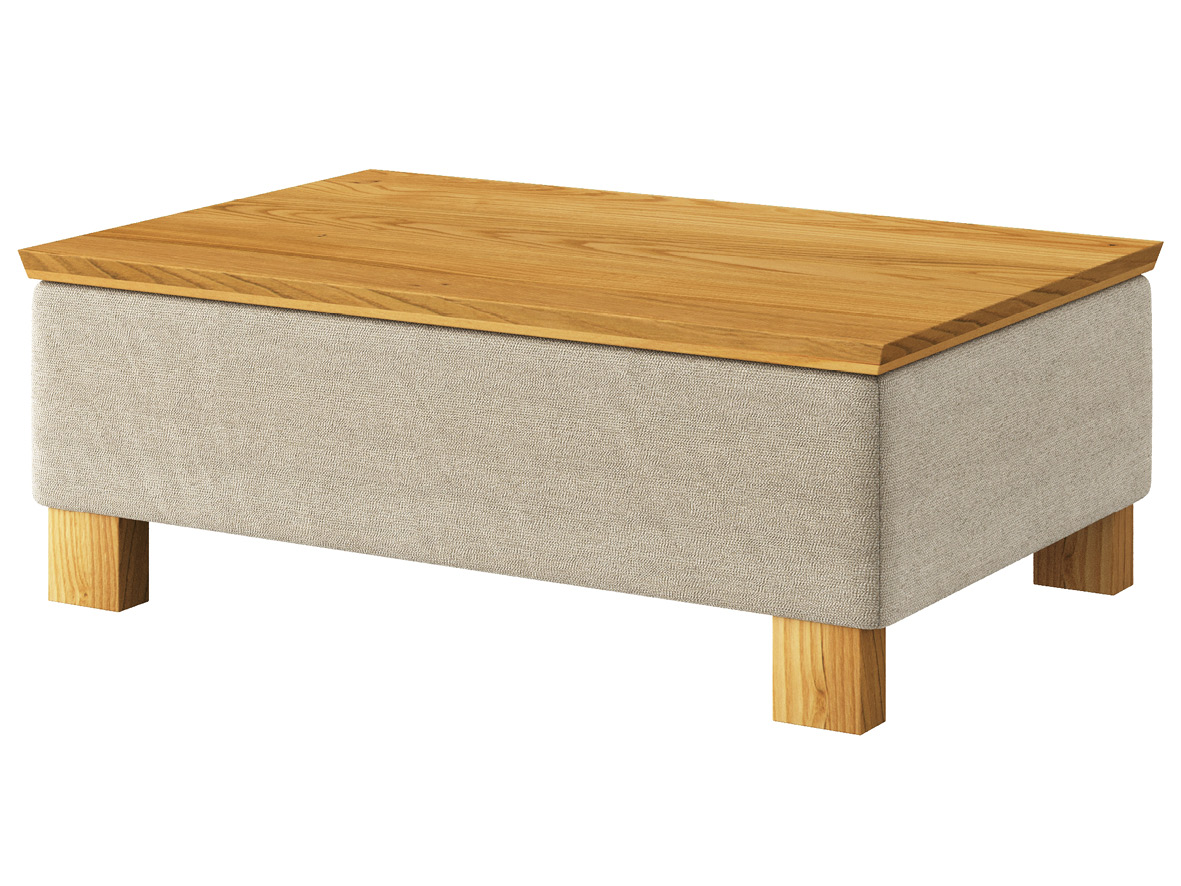 Hocker-Tisch „Stellan“ mit Stoff „Ankogel“: Farbe Flanell, Tischplatte aus Kastanie, Holzfüße in Kastanie