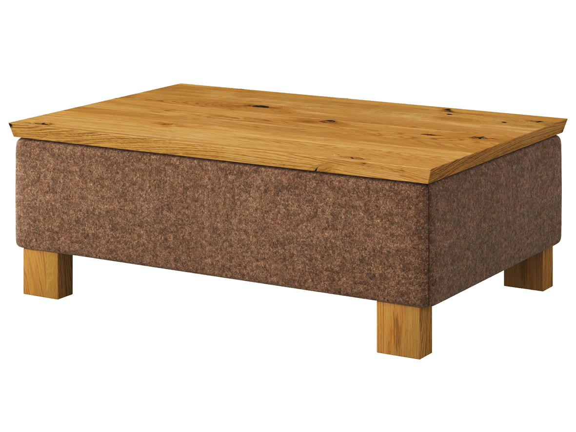 Hocker-Tisch „Stellan“ mit Stoff Loden von „Steiner 1888“: Farbe Braun, Tischplatte aus Wildeiche, Holzfüße in Wildeiche