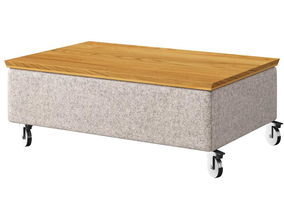 Hocker-Tisch „Stellan“ mit Stoff Loden von „Steiner 1888“: Farbe Hellgrau, Tischplatte aus Kastanie, auf Metallrollen