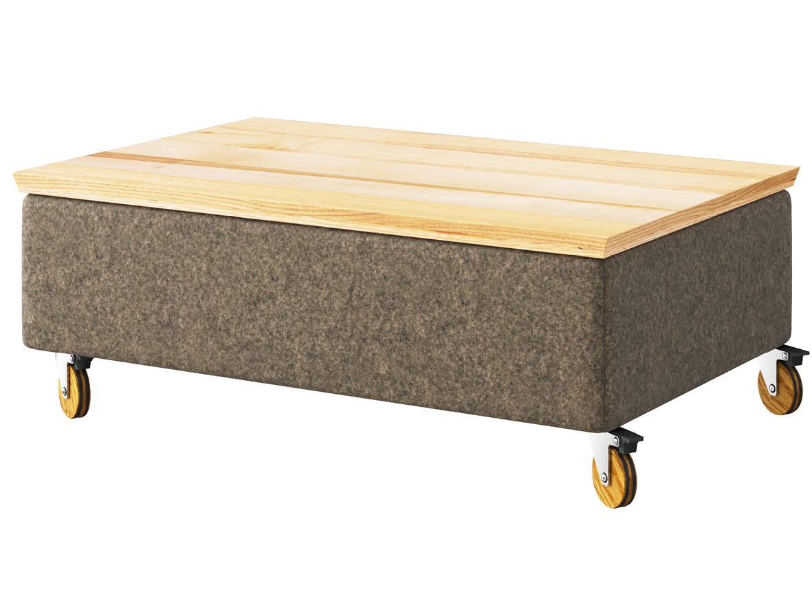 Hocker-Tisch „Stellan“ mit Stoff Loden von „Steiner 1888“: Farbe Dunkelgrau, Tischplatte aus Esche, auf Eichenrollen