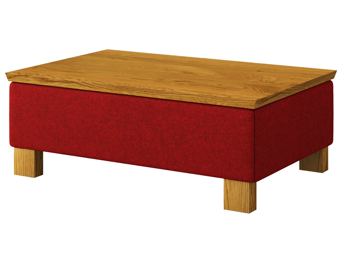 Hocker-Tisch „Stellan“ mit Stoff Loden von „Steiner 1888“: Farbe Weinrot, Tischplatte aus Eiche, Holzfüße in Eiche