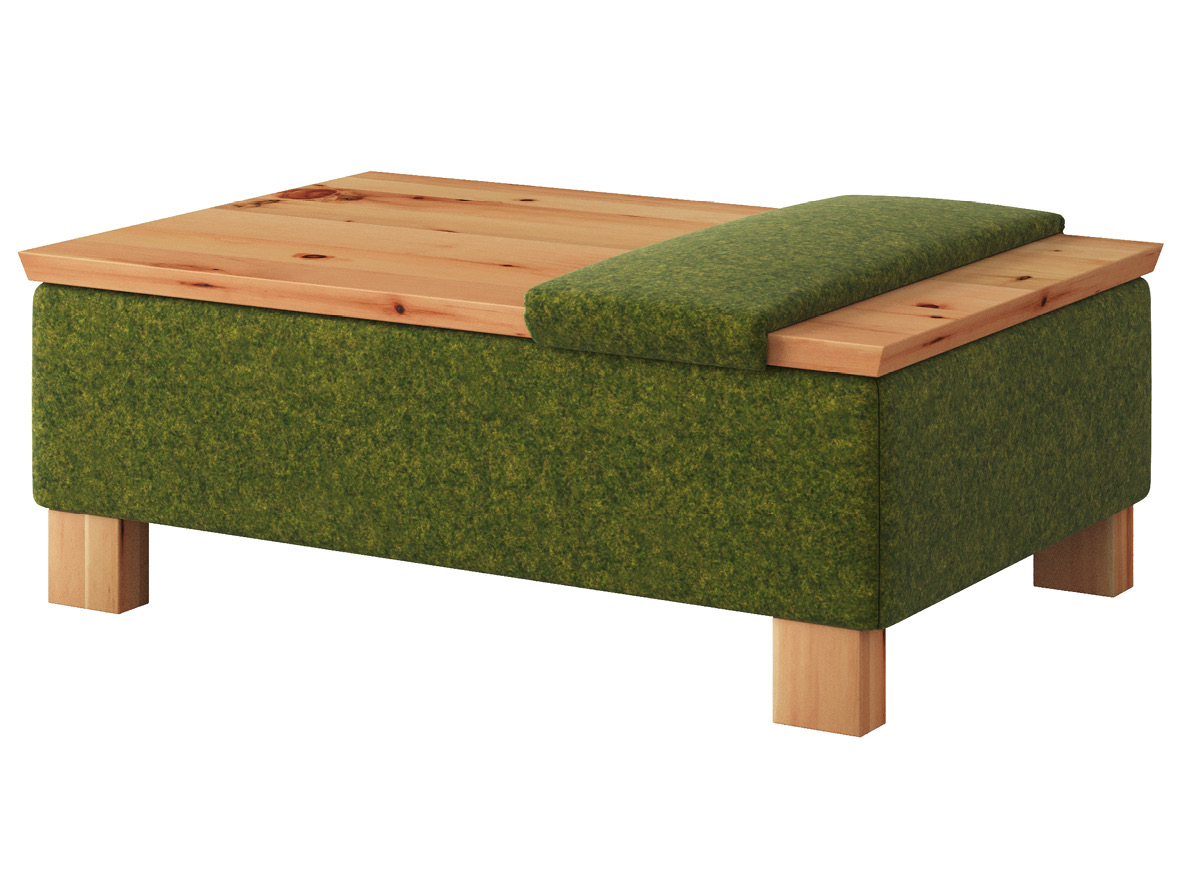 Hocker-Tisch „Stellan“ mit Stoff Loden von „Steiner 1888“: Farbe Grün mit Sitzauflage, Tischplatte aus Zirbe geölt, Holzfüße in Zirbe geölt