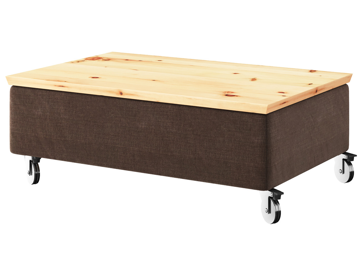 Hocker-Tisch „Stellan“ mit Stoff „Hochobir“: Farbe Dunkelbraun, Tischplatte aus Zirbe, auf Metallrollen