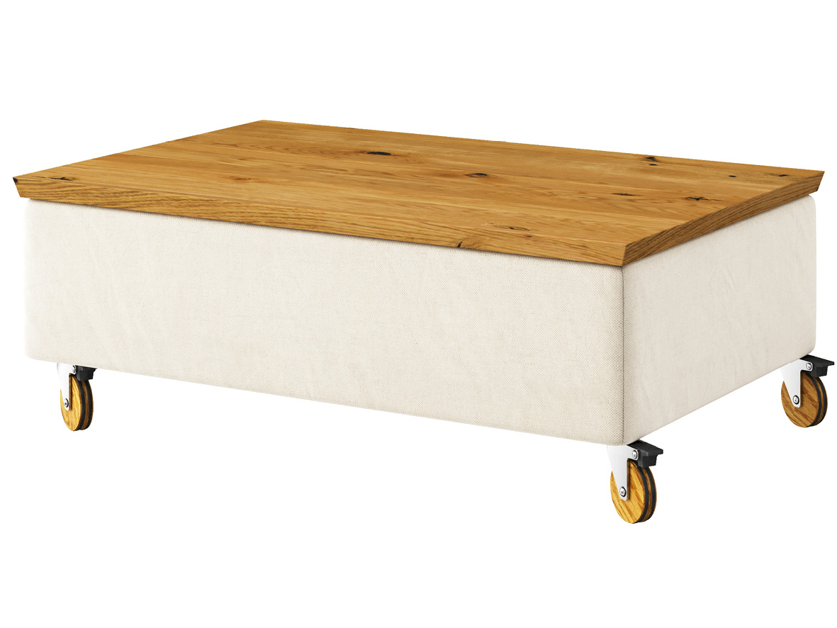 Hocker-Tisch „Stellan“ mit Stoff „Hochobir“: Farbe Natur, Tischplatte aus Wildeiche, auf Eichenrollen