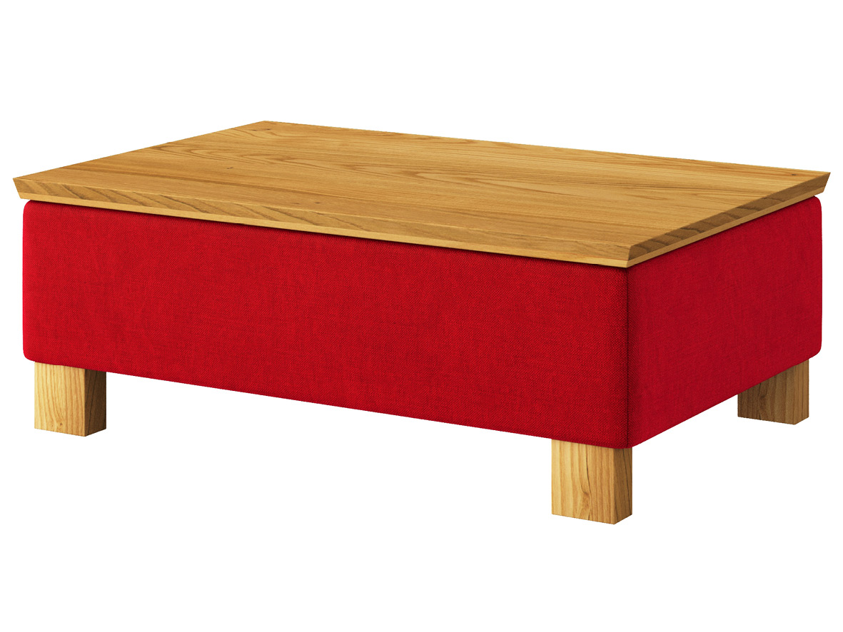 Hocker-Tisch „Stellan“ mit Stoff „Hochobir“: Farbe Karmin, Tischplatte aus Kastanie, Holzfüße in Kastanie