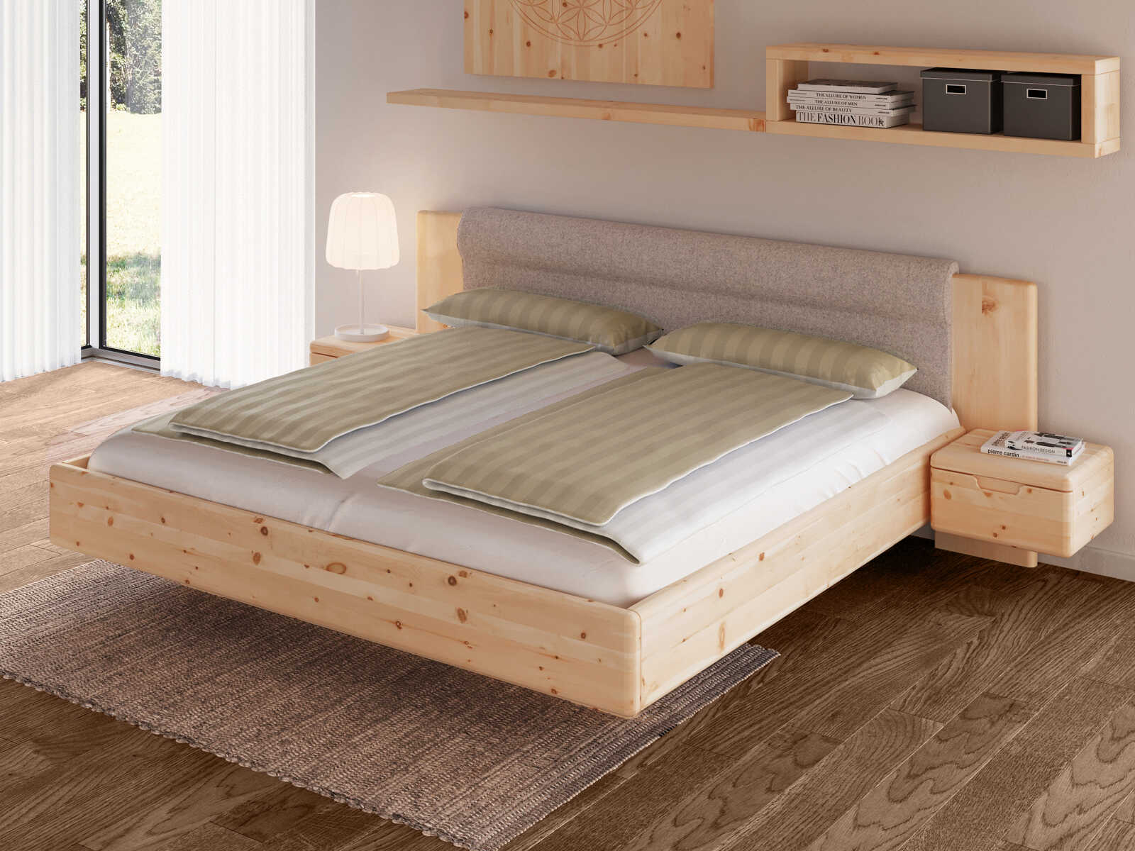 Zirbenschlafzimmer mit Zirbenholzbett „Leonie“ mit Polsterkopfteil