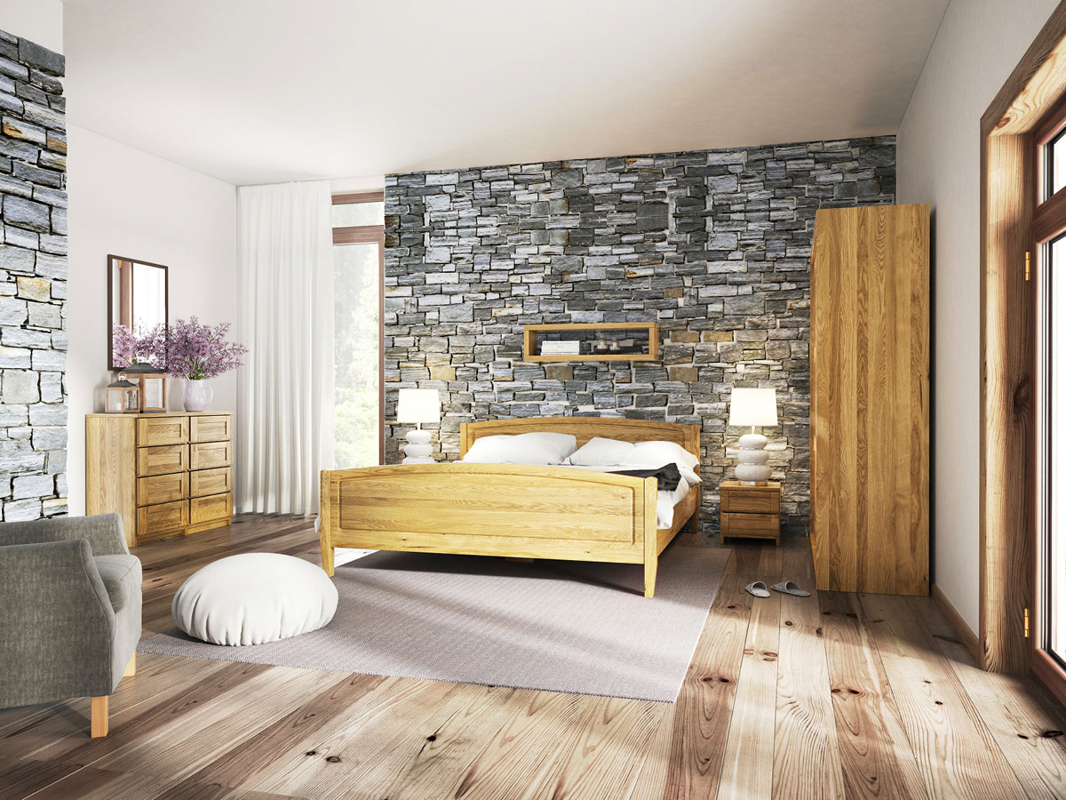 Schlafzimmer mit Bett aus Eiche "Linda" 180 x 200 cm, mit erhöhtem Fußteil