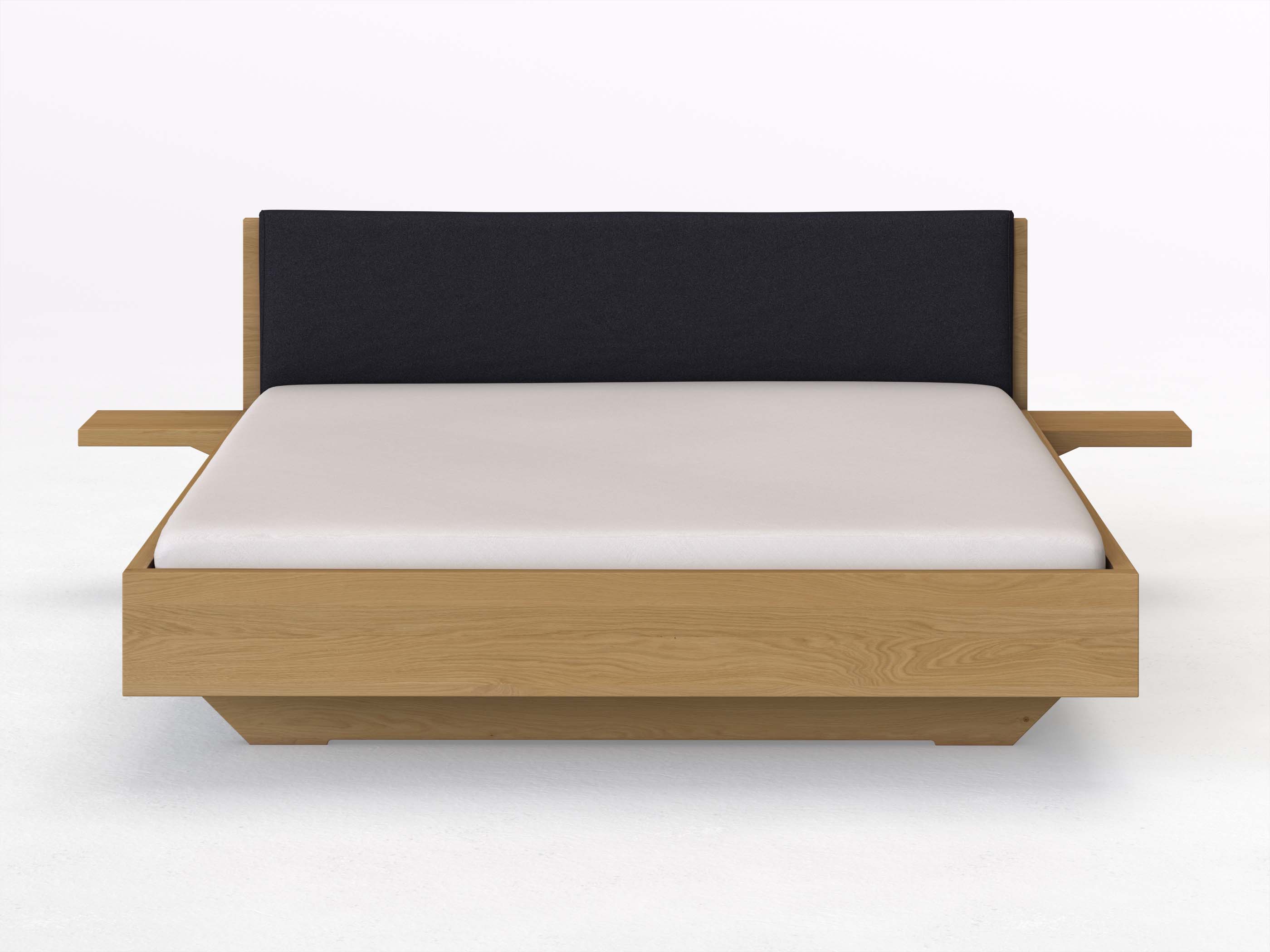 Eichenbett Hell „Lukas“ in 180 x 200 cm mit 2 Ablagen und Stoffkopfteil - Stoff: Schafschurwolle „Loden“ in der Farbe Nachtblau