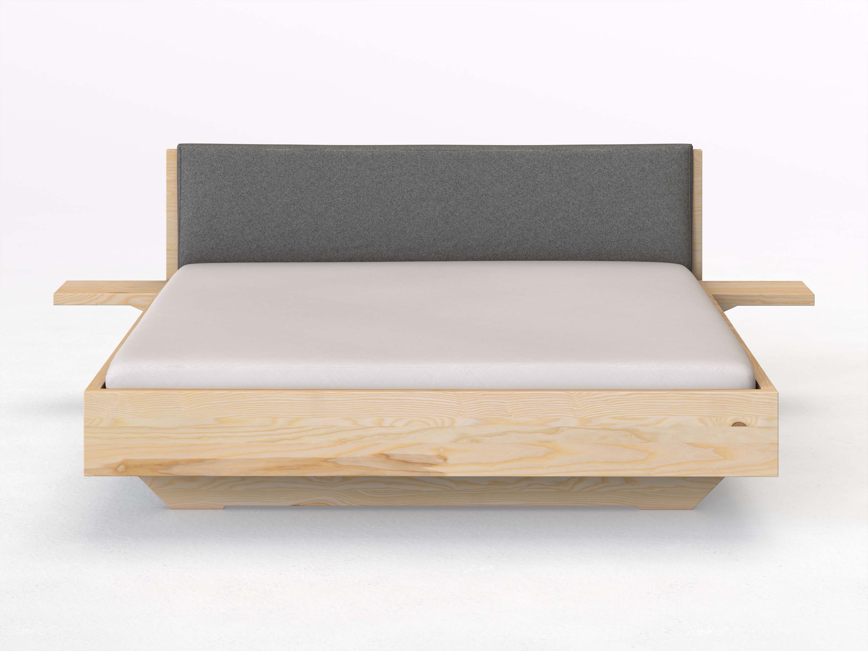 Eschenbett „Lukas“ in 180 x 200 cm mit 2 Ablagen und Stoffkopfteil - Stoff: Schafschurwolle „Fischgrät“ in der Farbe Grauer Mohn