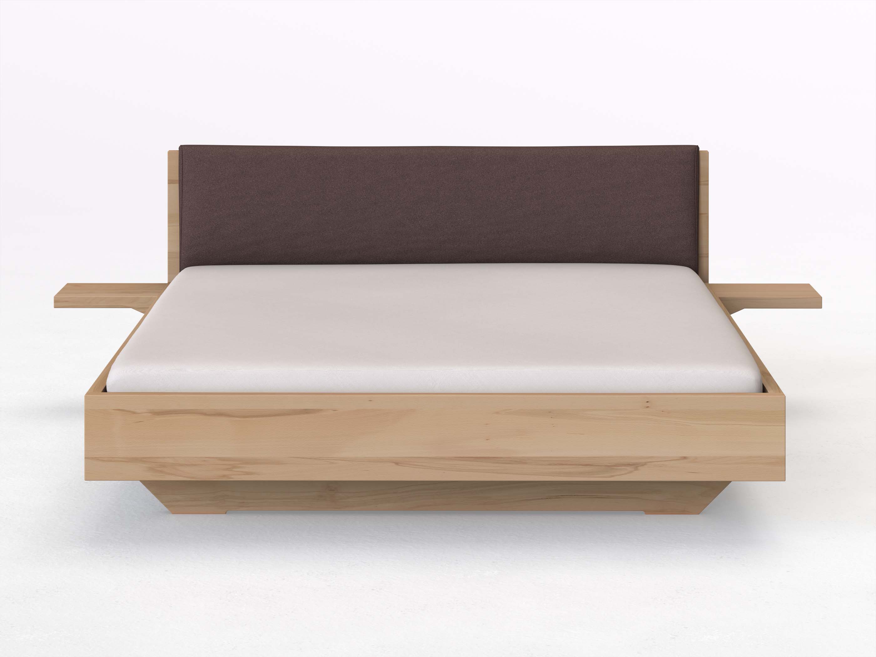 Kernbuchenbett „Lukas“ in 180 x 200 cm mit 2 Ablagen und Stoffkopfteil - Stoff: Schafschurwolle „Loden“ in der Farbe Abenddämmerung