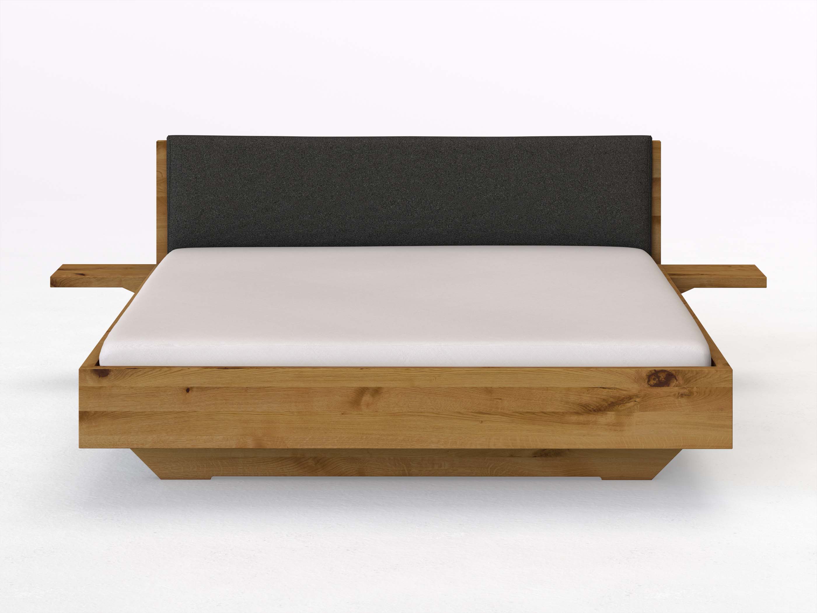 Wildeichenbett „Lukas“ in 180 x 200 cm mit 2 Ablagen und Stoffkopfteil - Stoff: Schafschurwolle „Loden“ in der Farbe Anthrazit