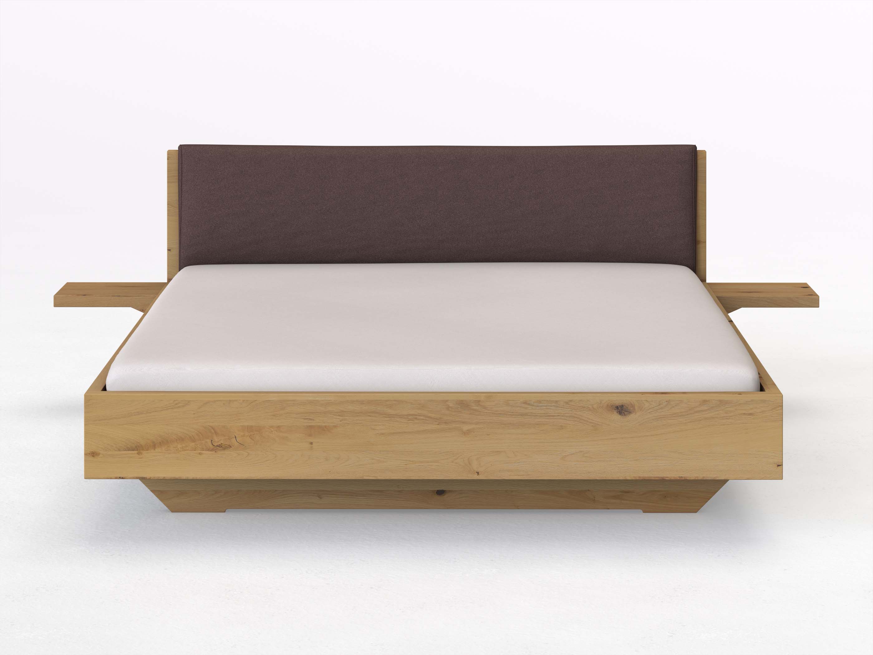 Wildeichenbett Hell „Lukas“ in 180 x 200 cm mit 2 Ablagen und Stoffkopfteil - Stoff: Schafschurwolle „Loden“ in der Farbe Abenddämmerung