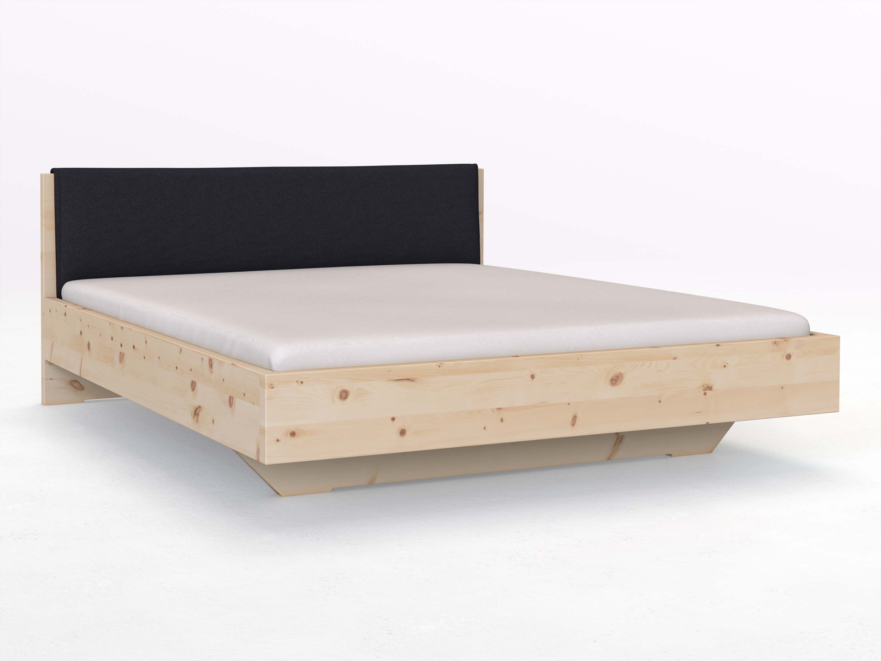 Zirbenbett „Lukas“ in 180 x 200 cm, mit Stoffkopfteil - Stoff: Schafschurwolle „Loden“ in der Farbe Nachtblau