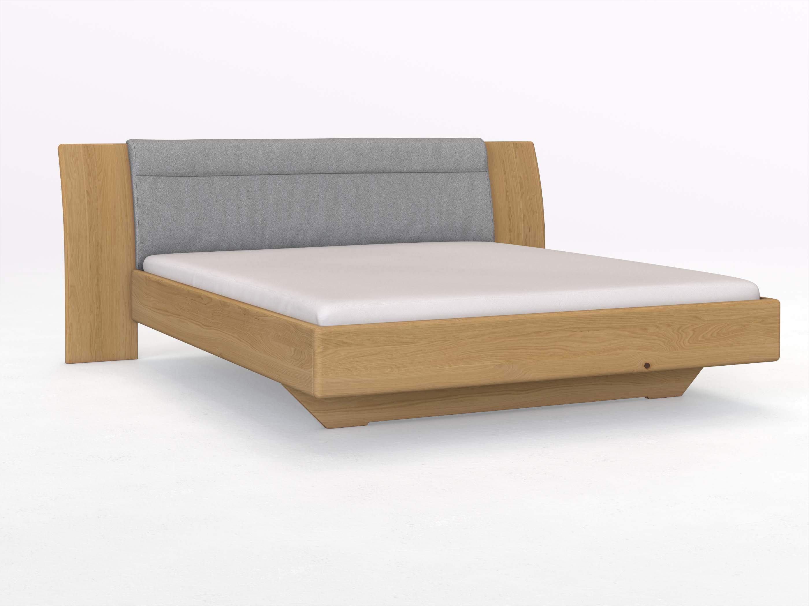 Eichenbett Hell „Nadja“ in 180 x 200 cm, mit Stoff: Schafschurwolle „Loden“ in der Farbe Nebelgrau