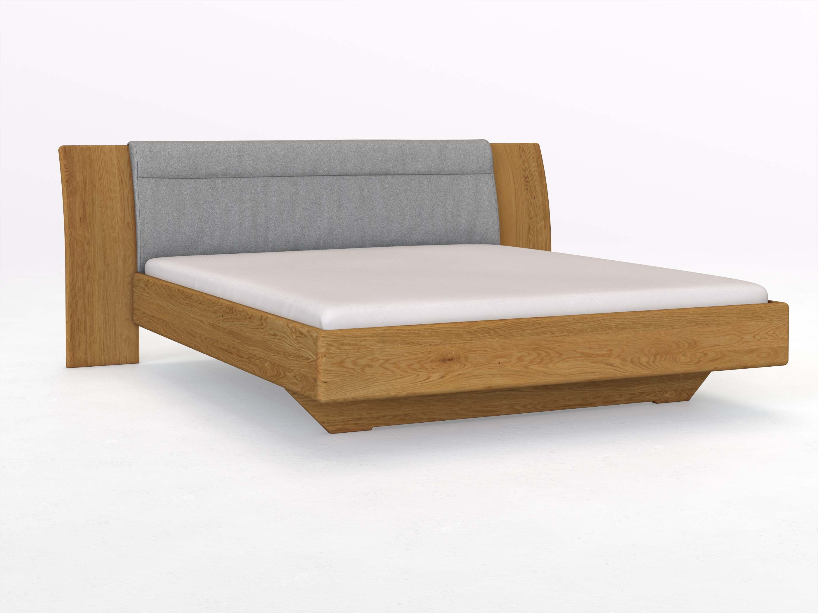 Eichenbett „Nadja“ in 180 x 200 cm, mit Stoff: Schafschurwolle „Loden“ in der Farbe Nebelgrau