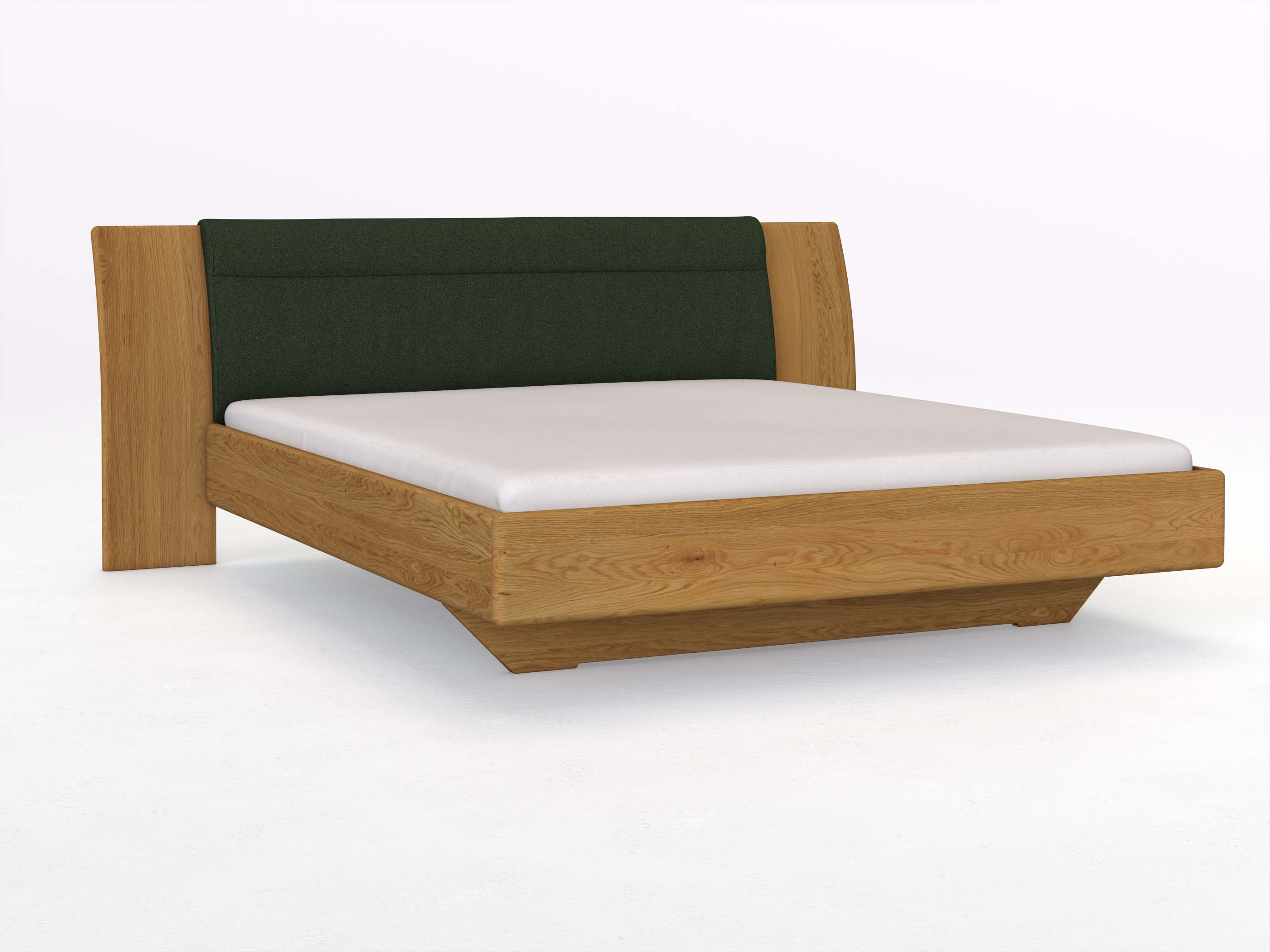 Eichenbett „Nadja“ in 180 x 200 cm, mit Stoff: Schafschurwolle „Loden“ in der Farbe Tannenwald