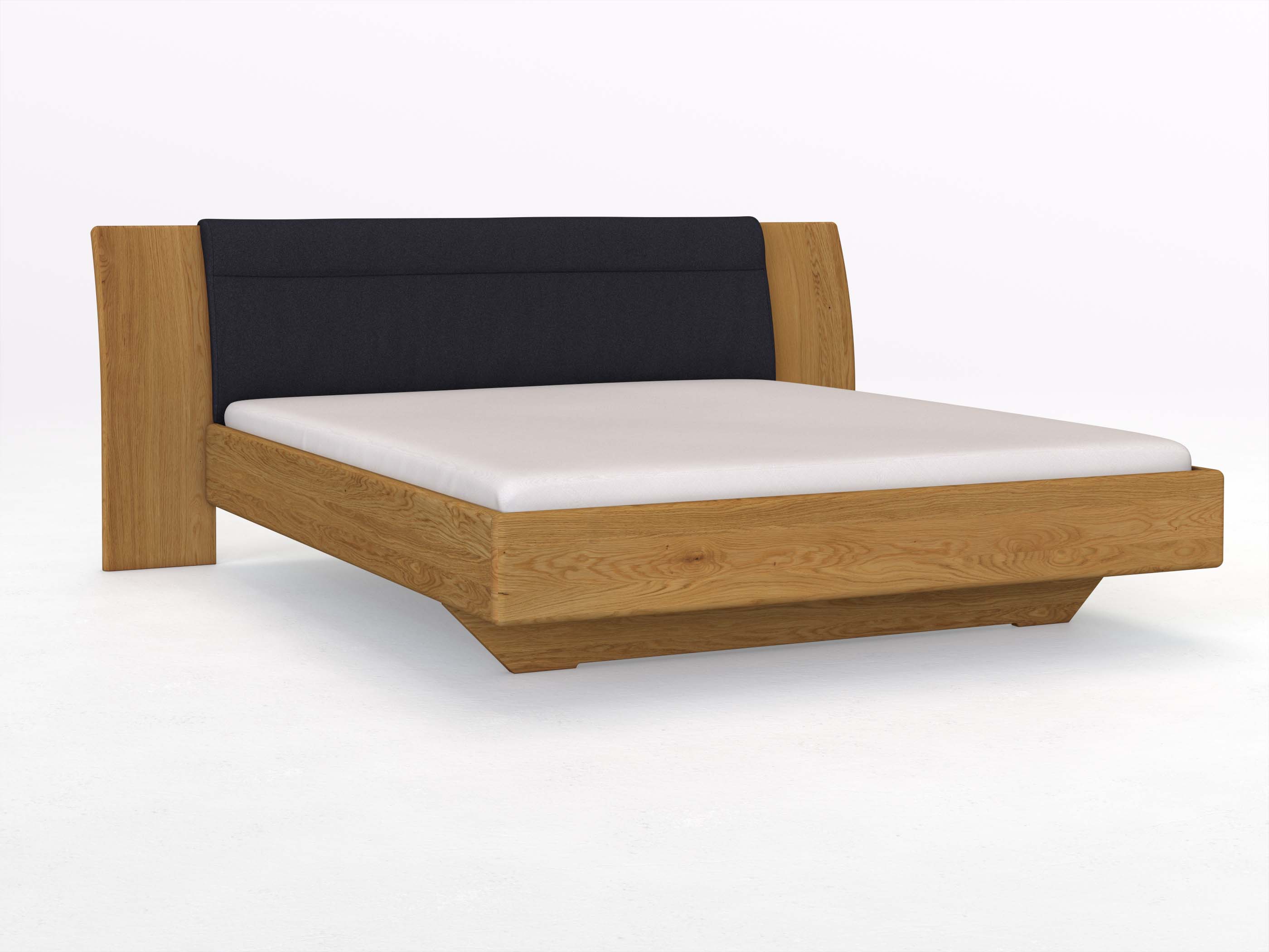 Eichenbett „Nadja“ in 180 x 200 cm, mit Stoff: Schafschurwolle „Loden“ in der Farbe Nachtblau