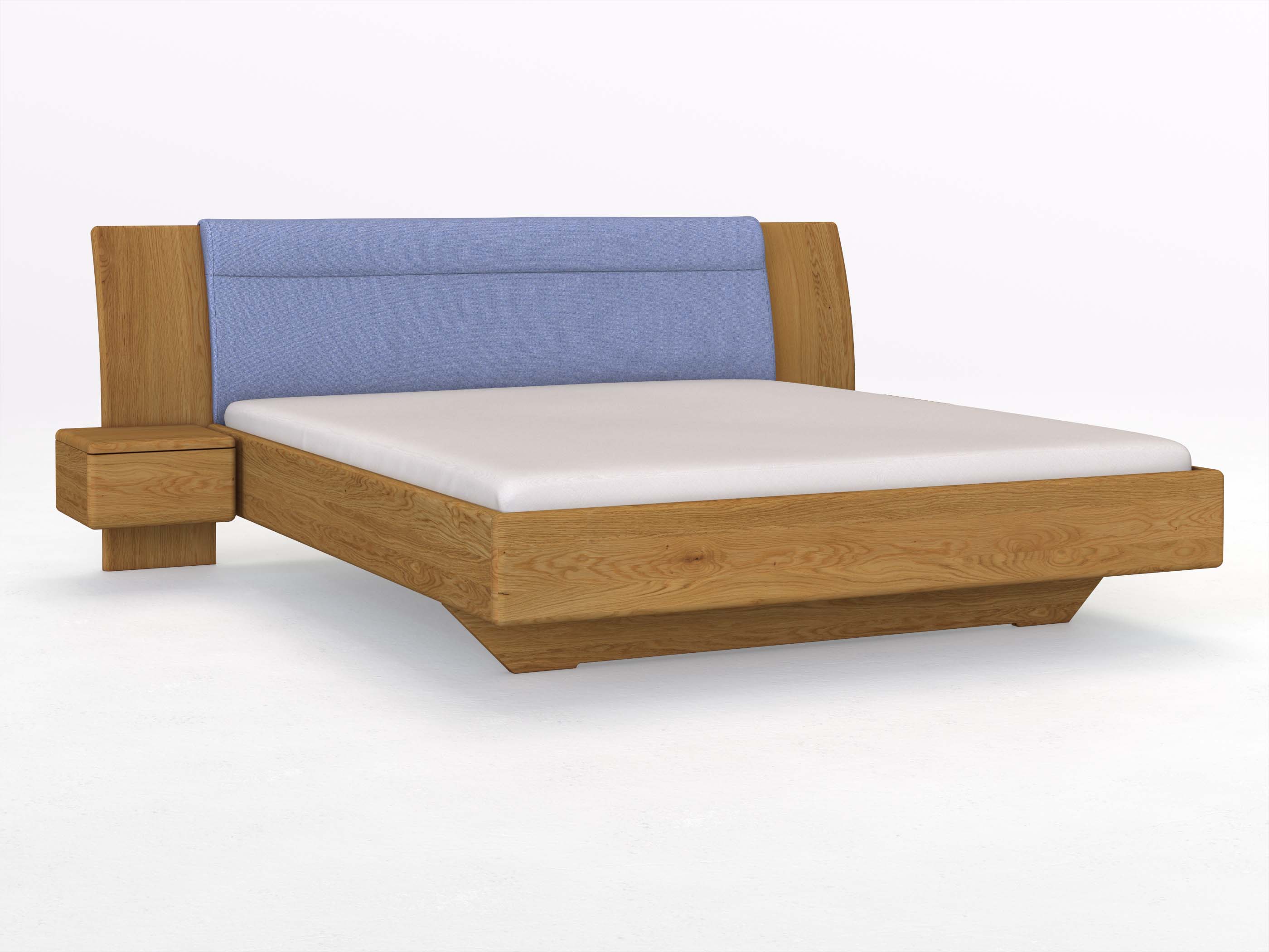 Eichenbett „Nadja“ in 180 x 200 cm, mit zwei Nachttischen (40cm) Griff: Grifflos und Stoff: Schafschurwolle „Fischgrät“ in der Farbe Kornblume