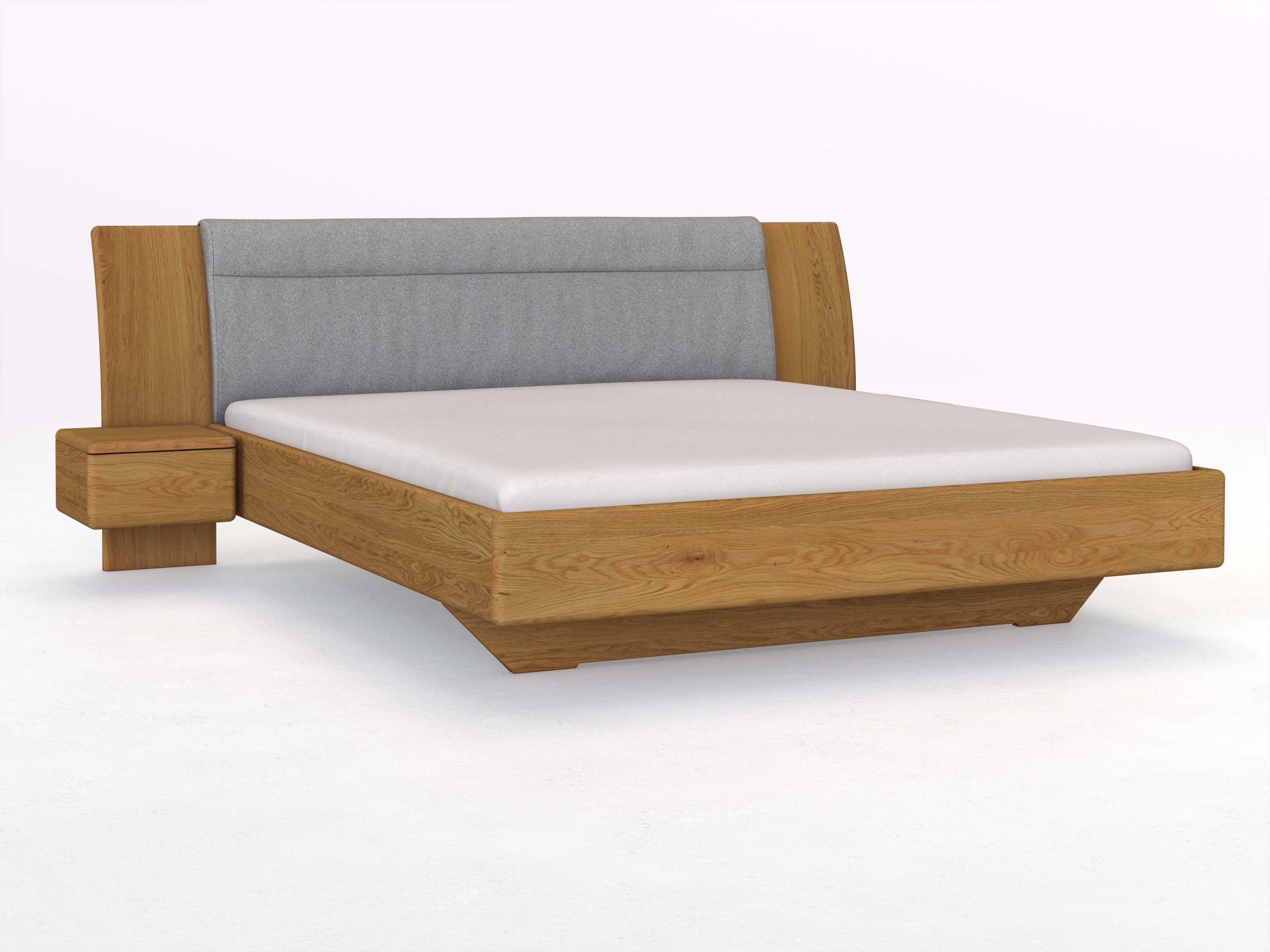 Eichenbett „Nadja“ in 180 x 200 cm, mit zwei Nachttischen (40cm) Griff: Grifflos und Stoff: Schafschurwolle „Loden“ in der Farbe Nebelgrau