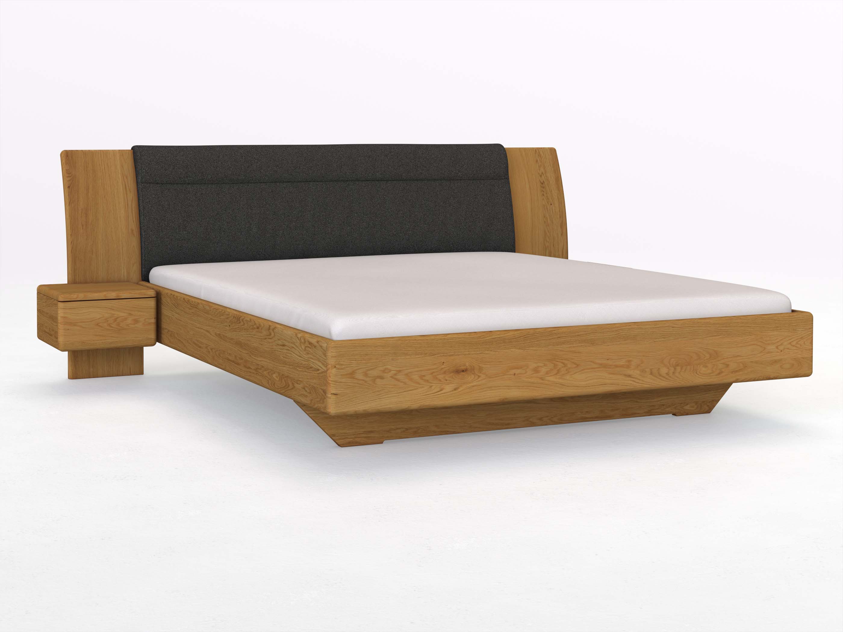 Eichenbett „Nadja“ in 180 x 200 cm, mit zwei Nachttischen (40cm) Griff: Grifflos und Stoff: Schafschurwolle „Loden“ in der Farbe Anthrazit