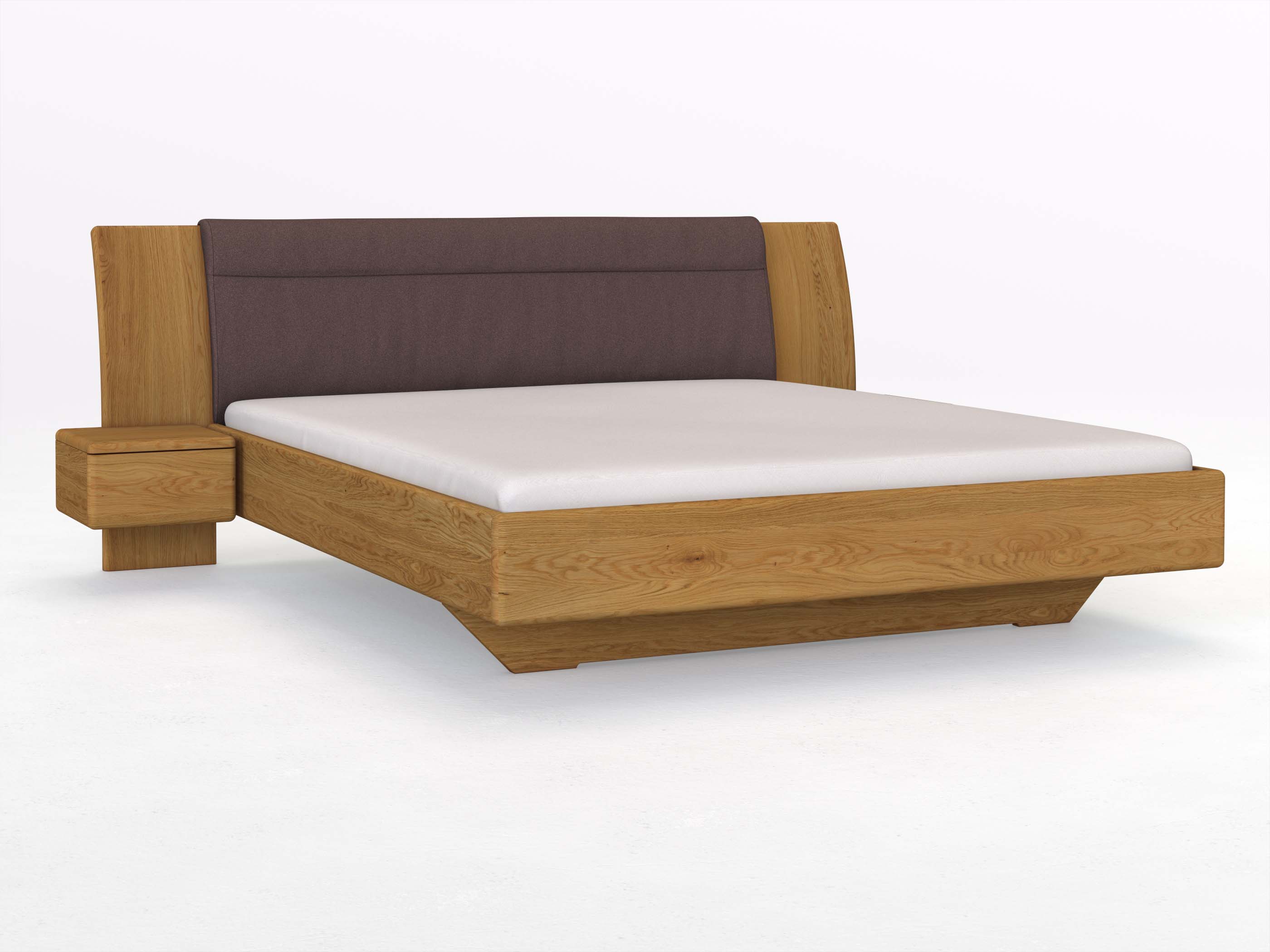 Eichenbett „Nadja“ in 180 x 200 cm, mit zwei Nachttischen (40cm) Griff: Grifflos und Stoff: Schafschurwolle „Loden“ in der Farbe Abenddämmerung