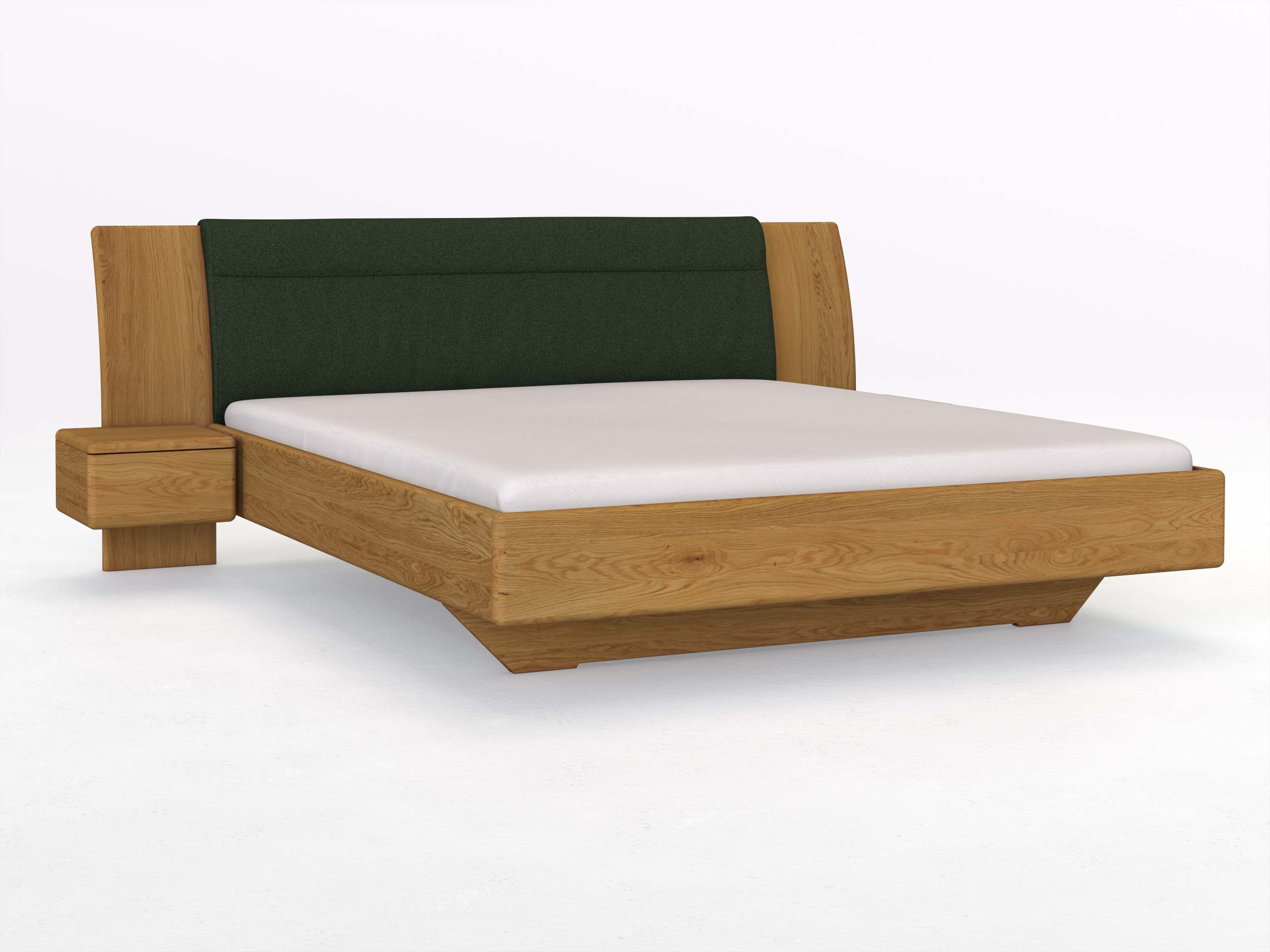 Eichenbett „Nadja“ in 180 x 200 cm, mit zwei Nachttischen (40cm) Griff: Grifflos und Stoff: Schafschurwolle „Loden“ in der Farbe Tannenwald