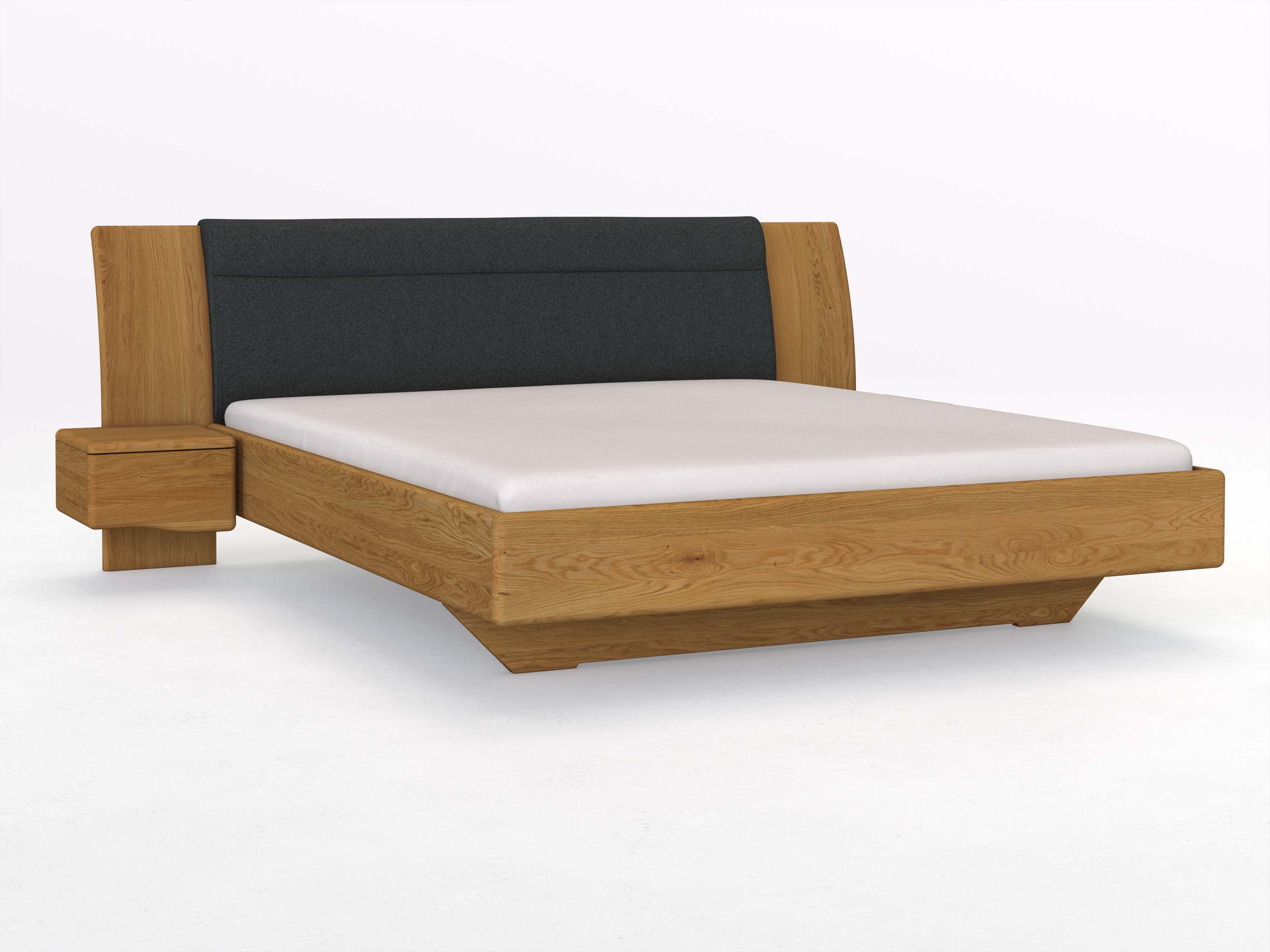 Eichenbett „Nadja“ in 180 x 200 cm, mit zwei Nachttischen (40cm) Griff: Welle und Stoff: Schafschurwolle „Fischgrät“ in der Farbe Wacholderbeere