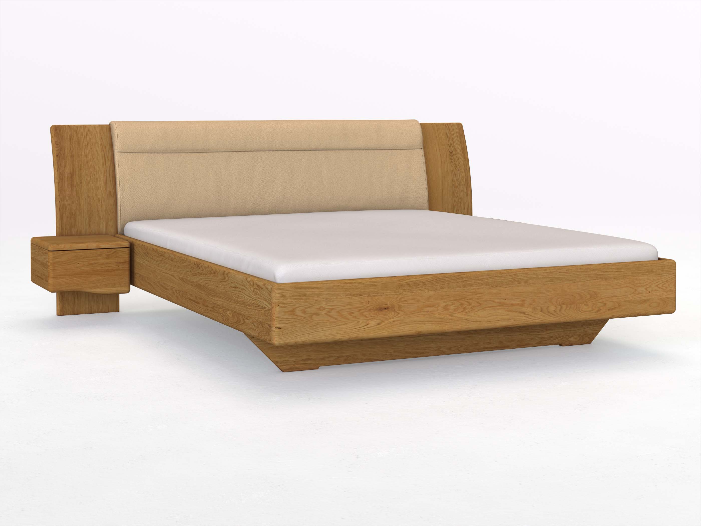Eichenbett „Nadja“ in 180 x 200 cm, mit zwei Nachttischen (40cm) Griff: Welle und Stoff: Schafschurwolle „Fischgrät“ in der Farbe Goldhirse