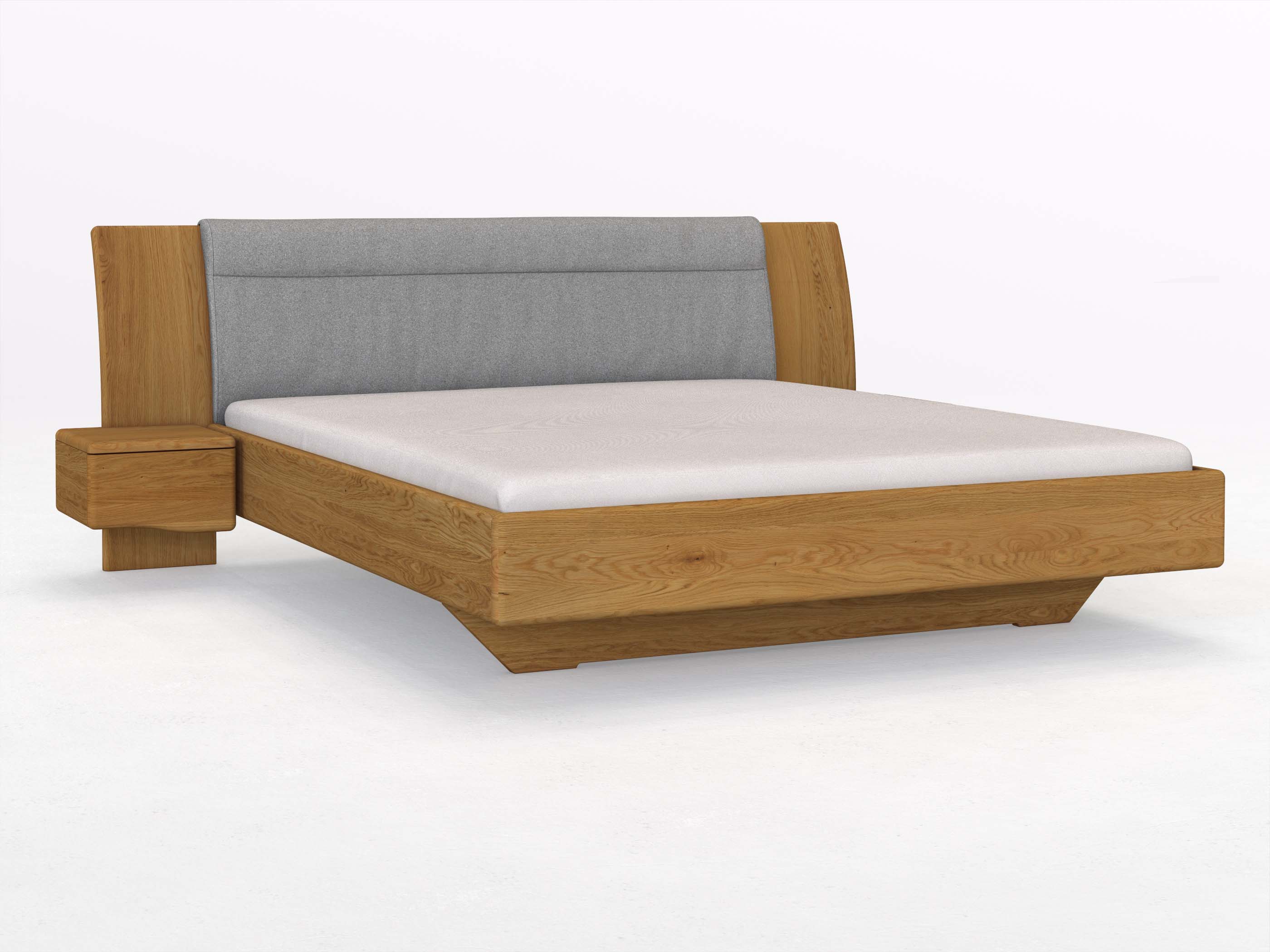 Eichenbett „Nadja“ in 180 x 200 cm, mit zwei Nachttischen (40cm) Griff: Welle und Stoff: Schafschurwolle „Loden“ in der Farbe Nebelgrau