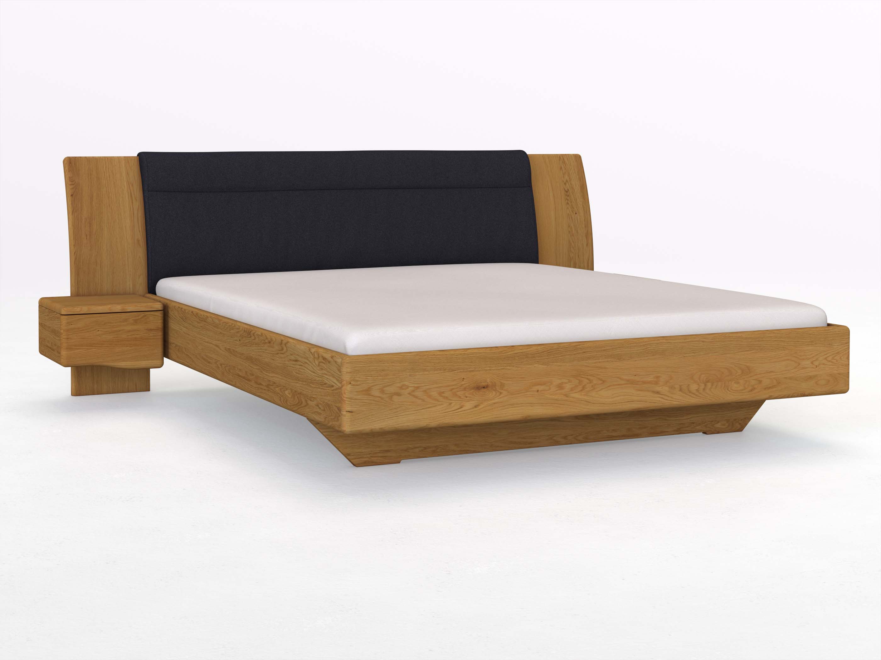 Eichenbett „Nadja“ in 180 x 200 cm, mit zwei Nachttischen (40cm) Griff: Welle und Stoff: Schafschurwolle „Loden“ in der Farbe Nachtblau