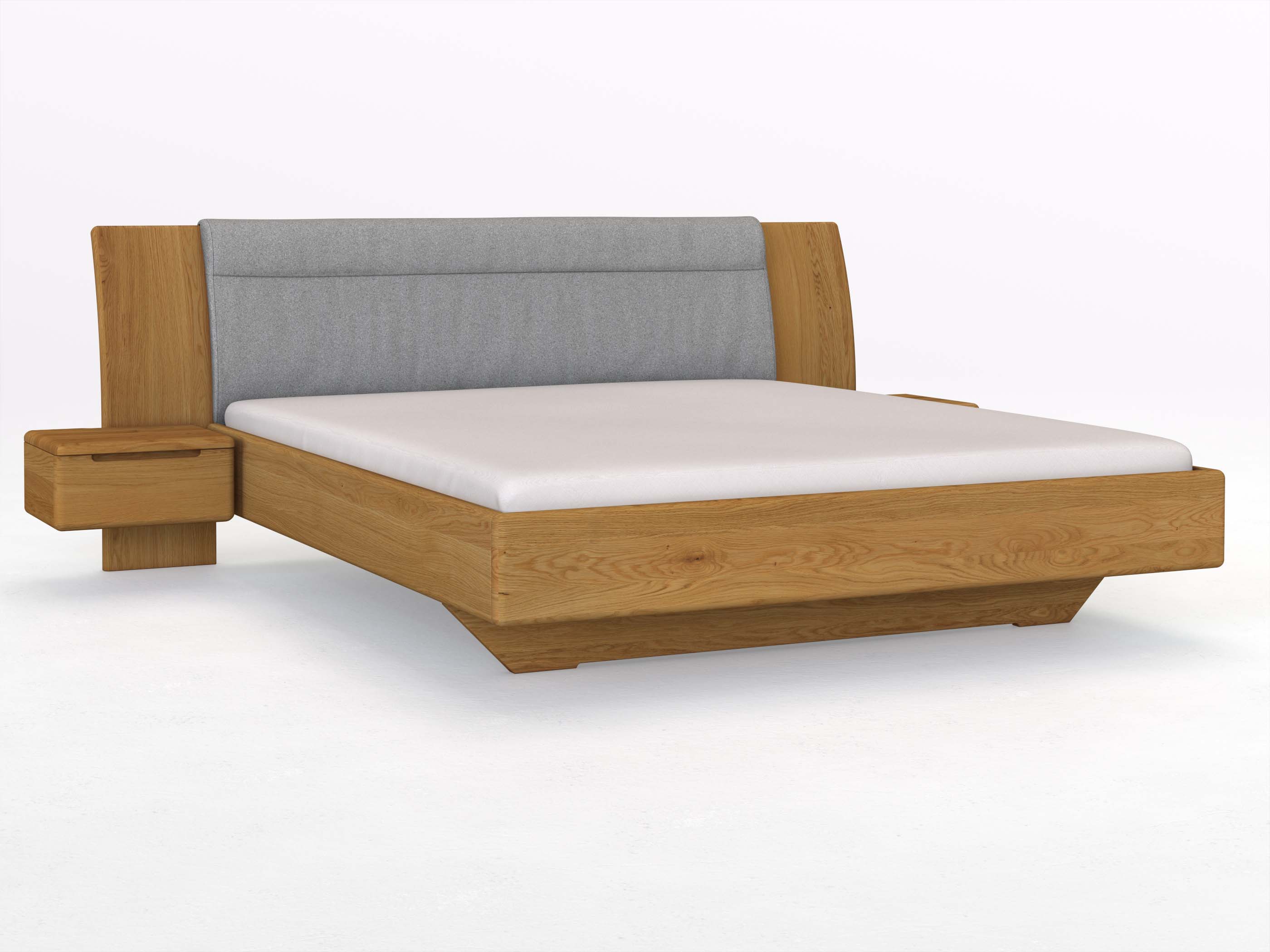 Eichenbett „Nadja“ in 180 x 200 cm, mit zwei Nachttischen (50cm) Griff: Griffleiste B und Stoff: Schafschurwolle „Loden“ in der Farbe Nebelgrau