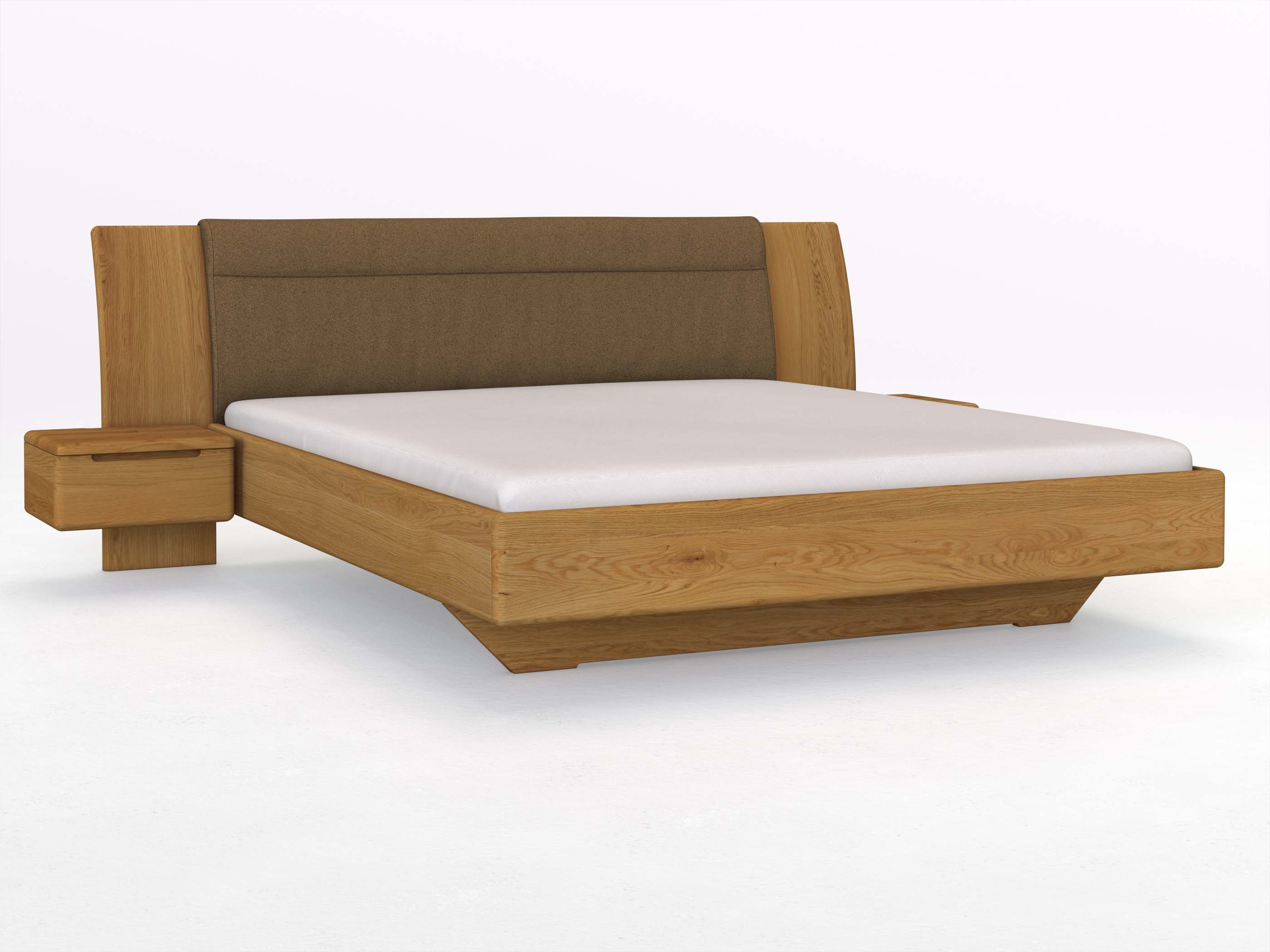 Eichenbett „Nadja“ in 180 x 200 cm, mit zwei Nachttischen (50cm) Griff: Griffleiste B und Stoff: Schafschurwolle „Loden“ in der Farbe Zimtrinde