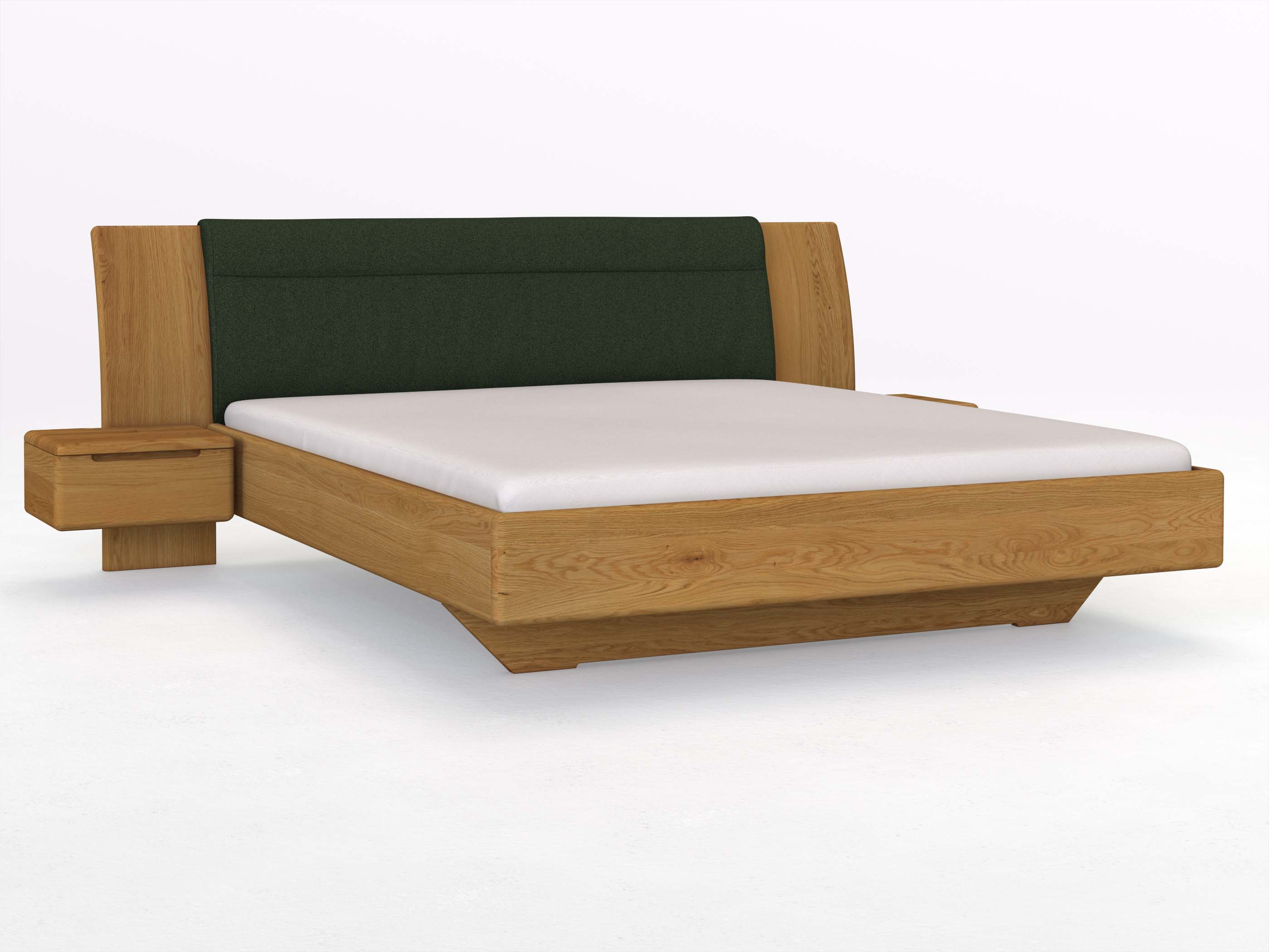 Eichenbett „Nadja“ in 180 x 200 cm, mit zwei Nachttischen (50cm) Griff: Griffleiste B und Stoff: Schafschurwolle „Loden“ in der Farbe Tannenwald