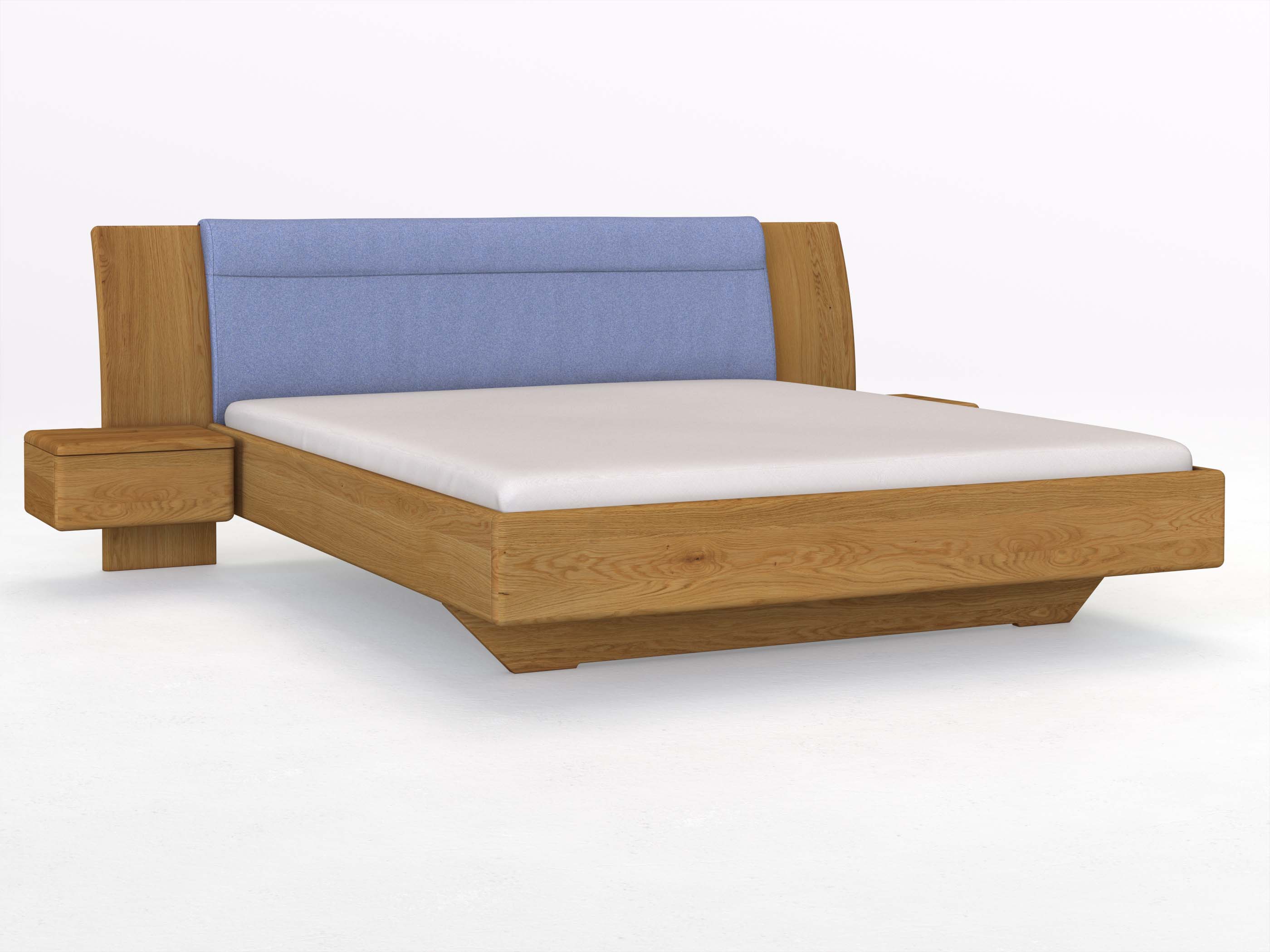 Eichenbett „Nadja“ in 180 x 200 cm, mit zwei Nachttischen (50cm) Griff: Grifflos und Stoff: Schafschurwolle „Fischgrät“ in der Farbe Kornblume