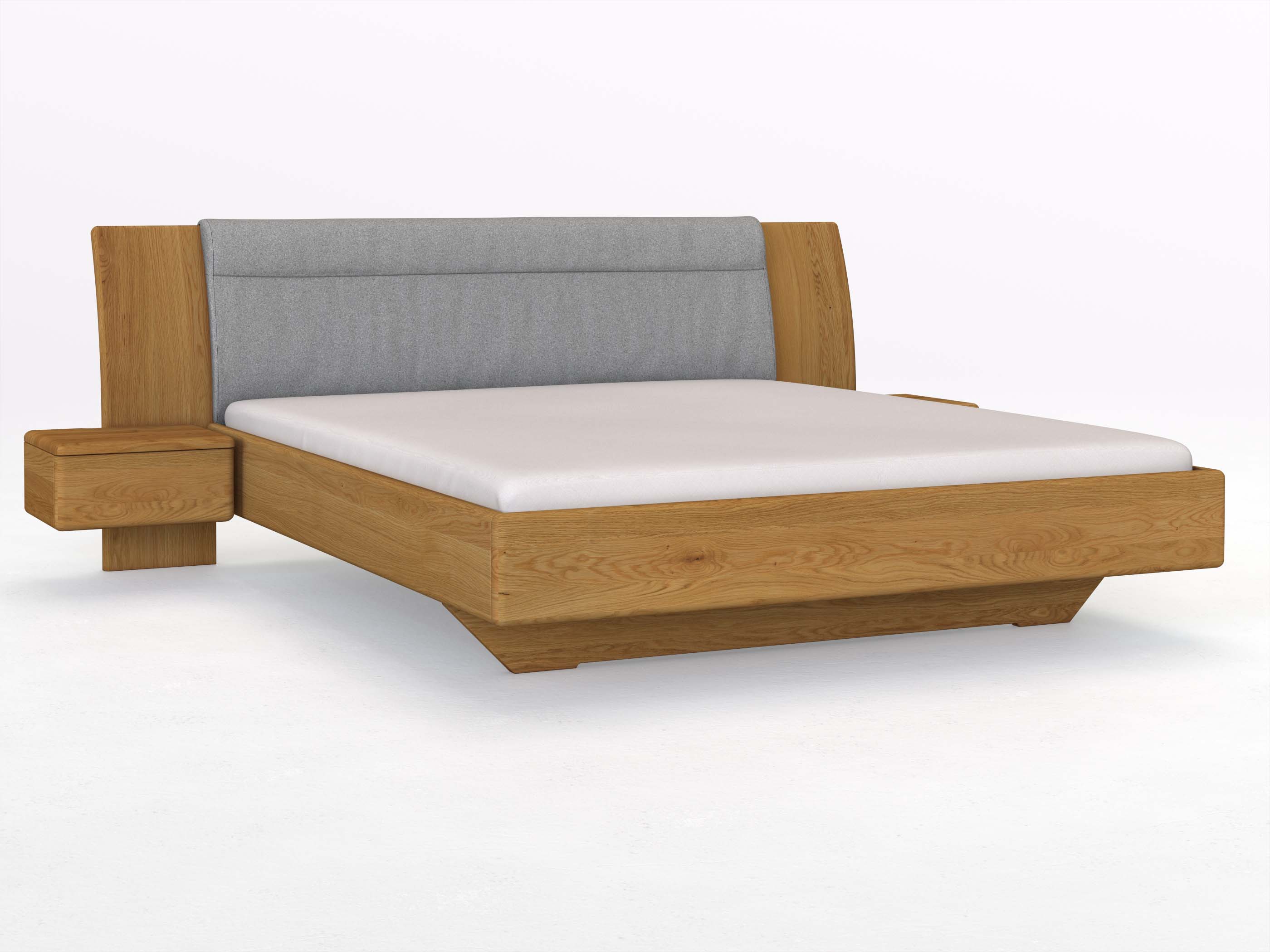 Eichenbett „Nadja“ in 180 x 200 cm, mit zwei Nachttischen (50cm) Griff: Grifflos und Stoff: Schafschurwolle „Loden“ in der Farbe Nebelgrau