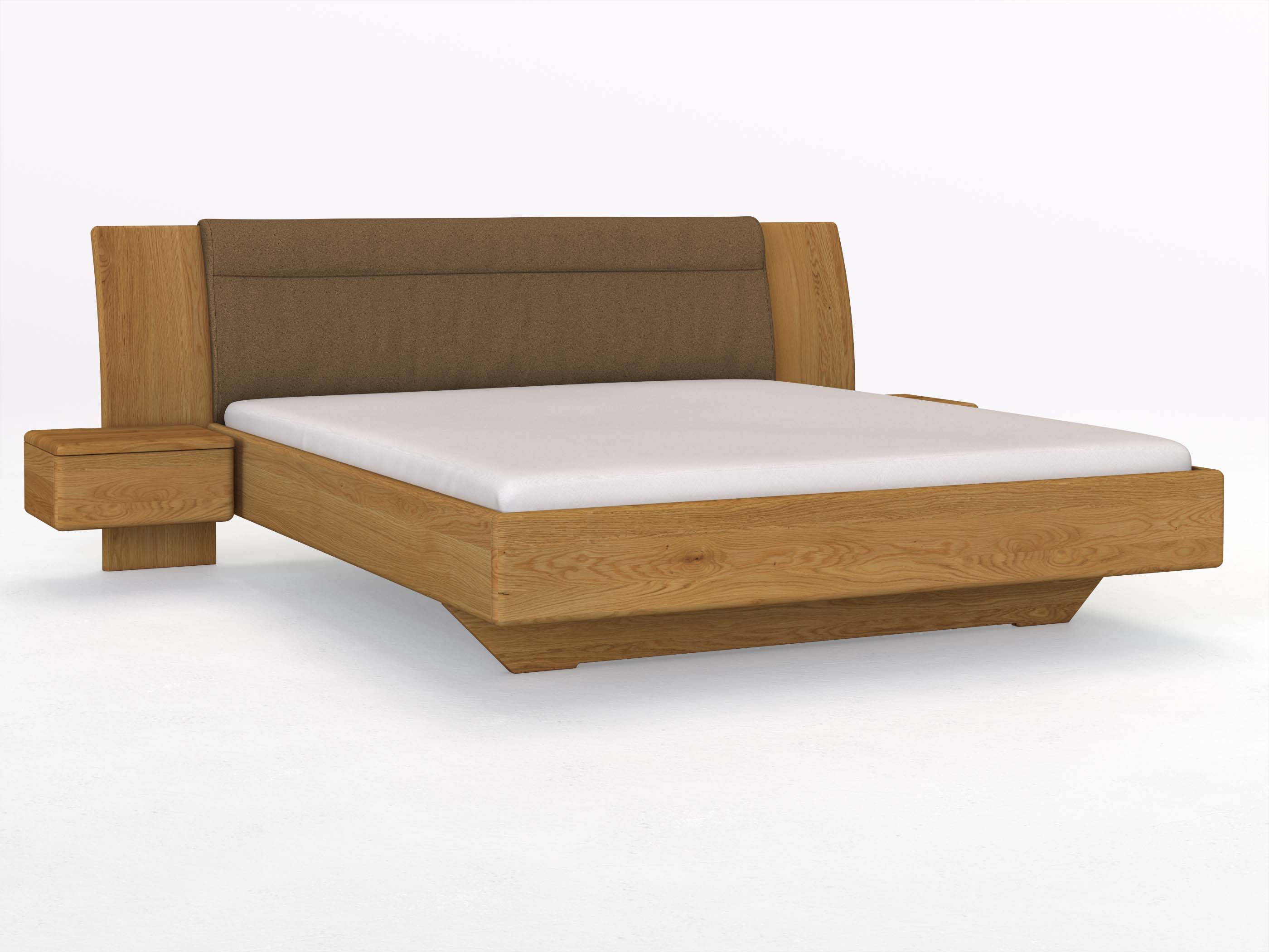 Eichenbett „Nadja“ in 180 x 200 cm, mit zwei Nachttischen (50cm) Griff: Grifflos und Stoff: Schafschurwolle „Loden“ in der Farbe Zimtrinde