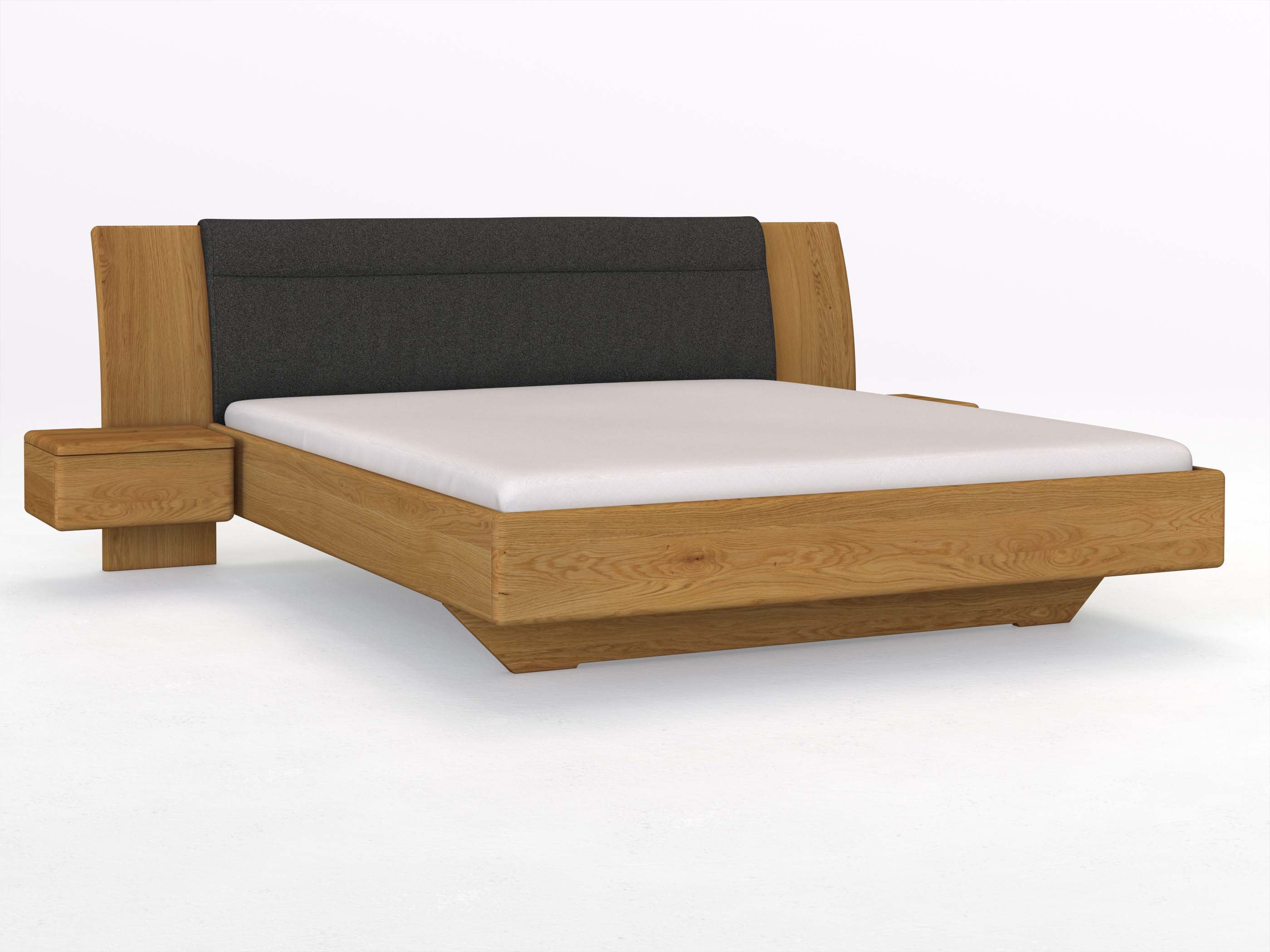 Eichenbett „Nadja“ in 180 x 200 cm, mit zwei Nachttischen (50cm) Griff: Grifflos und Stoff: Schafschurwolle „Loden“ in der Farbe Anthrazit