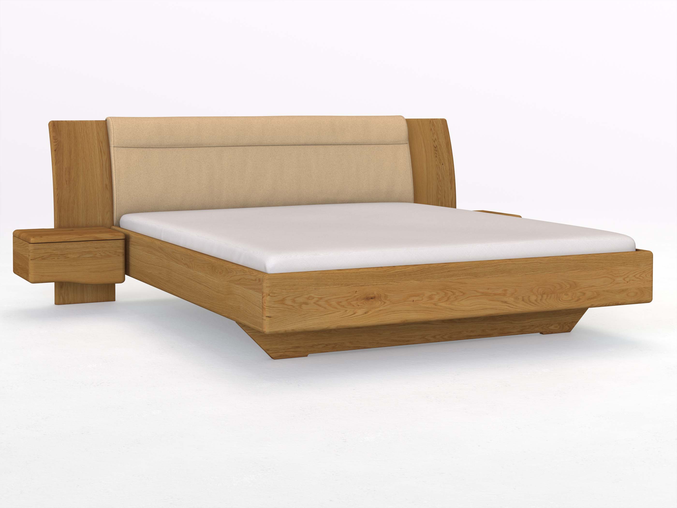 Eichenbett „Nadja“ in 180 x 200 cm, mit zwei Nachttischen (50cm) Griff: Welle und Stoff: Schafschurwolle „Fischgrät“ in der Farbe Goldhirse