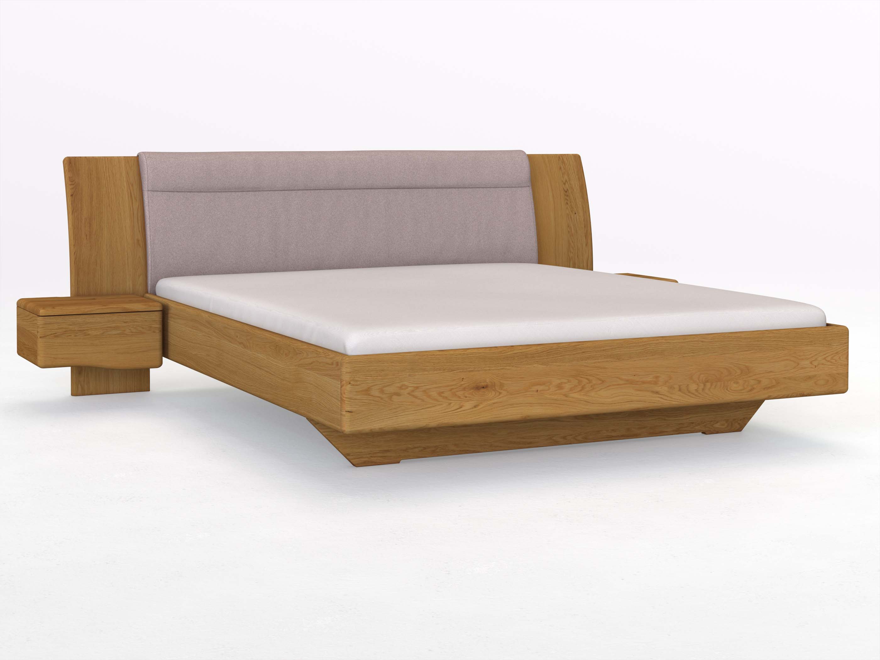 Eichenbett „Nadja“ in 180 x 200 cm, mit zwei Nachttischen (50cm) Griff: Welle und Stoff: Schafschurwolle „Fischgrät“ in der Farbe Zartflieder
