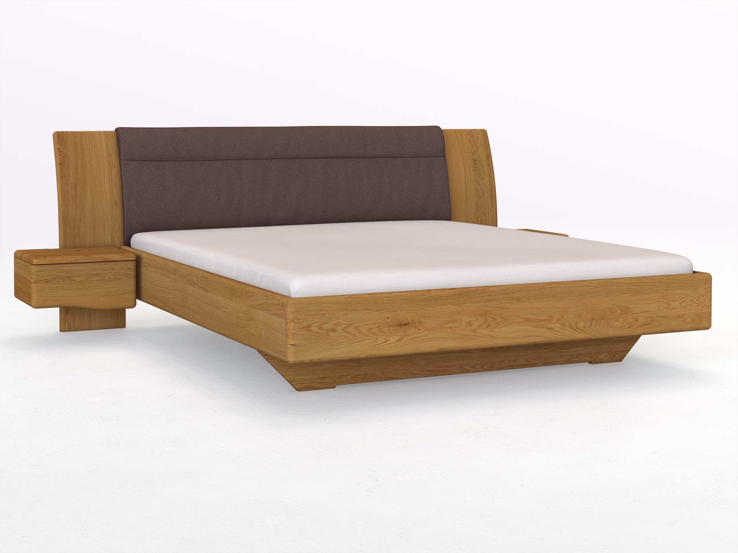 Eichenbett „Nadja“ in 180 x 200 cm, mit zwei Nachttischen (50cm) Griff: Welle und Stoff: Schafschurwolle „Loden“ in der Farbe Abenddämmerung