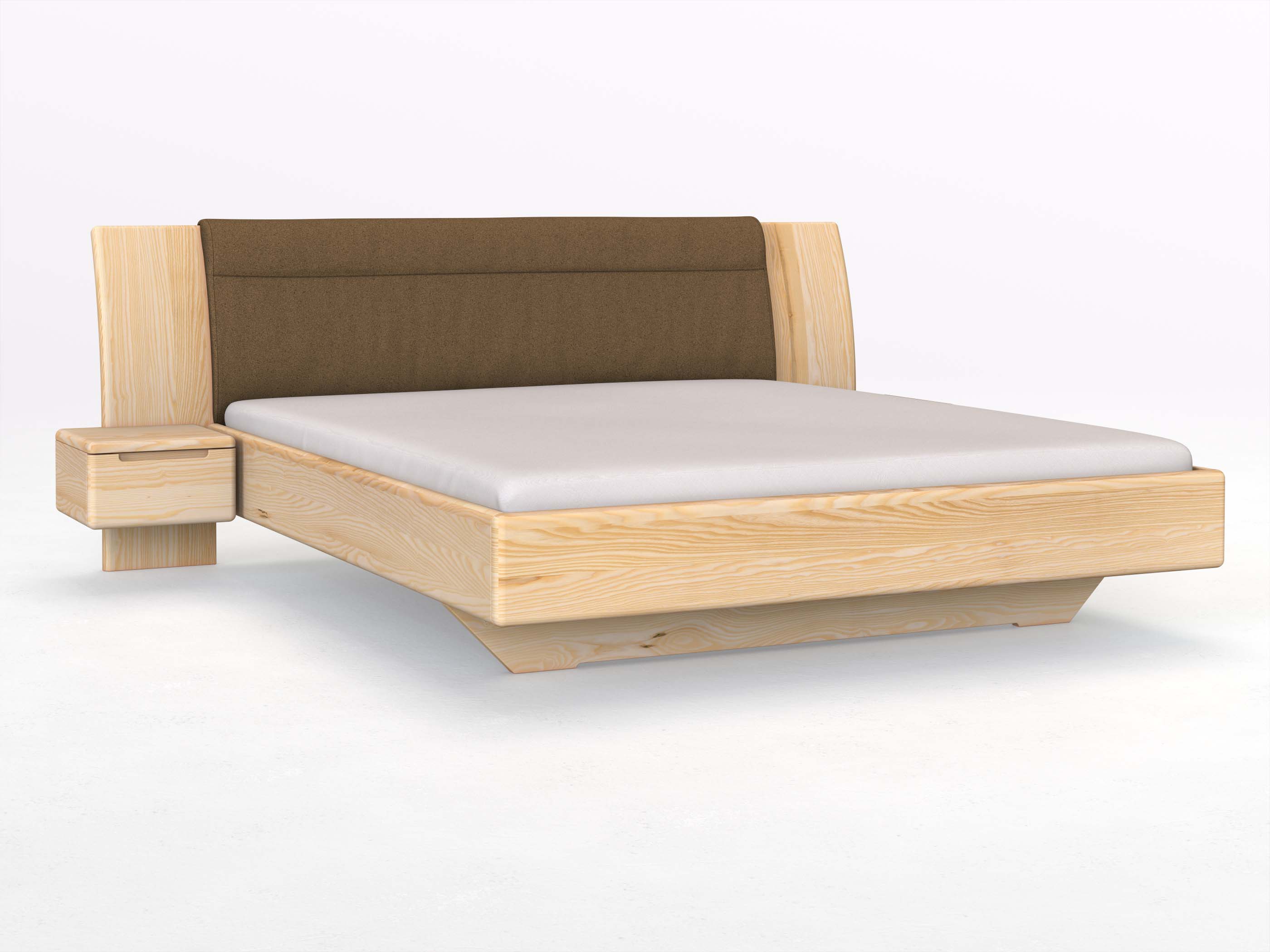 Eschenbett „Nadja“ in 180 x 200 cm, mit zwei Nachttischen (40cm) Griff: Griffleiste B und Stoff: Schafschurwolle „Loden“ in der Farbe Zimtrinde