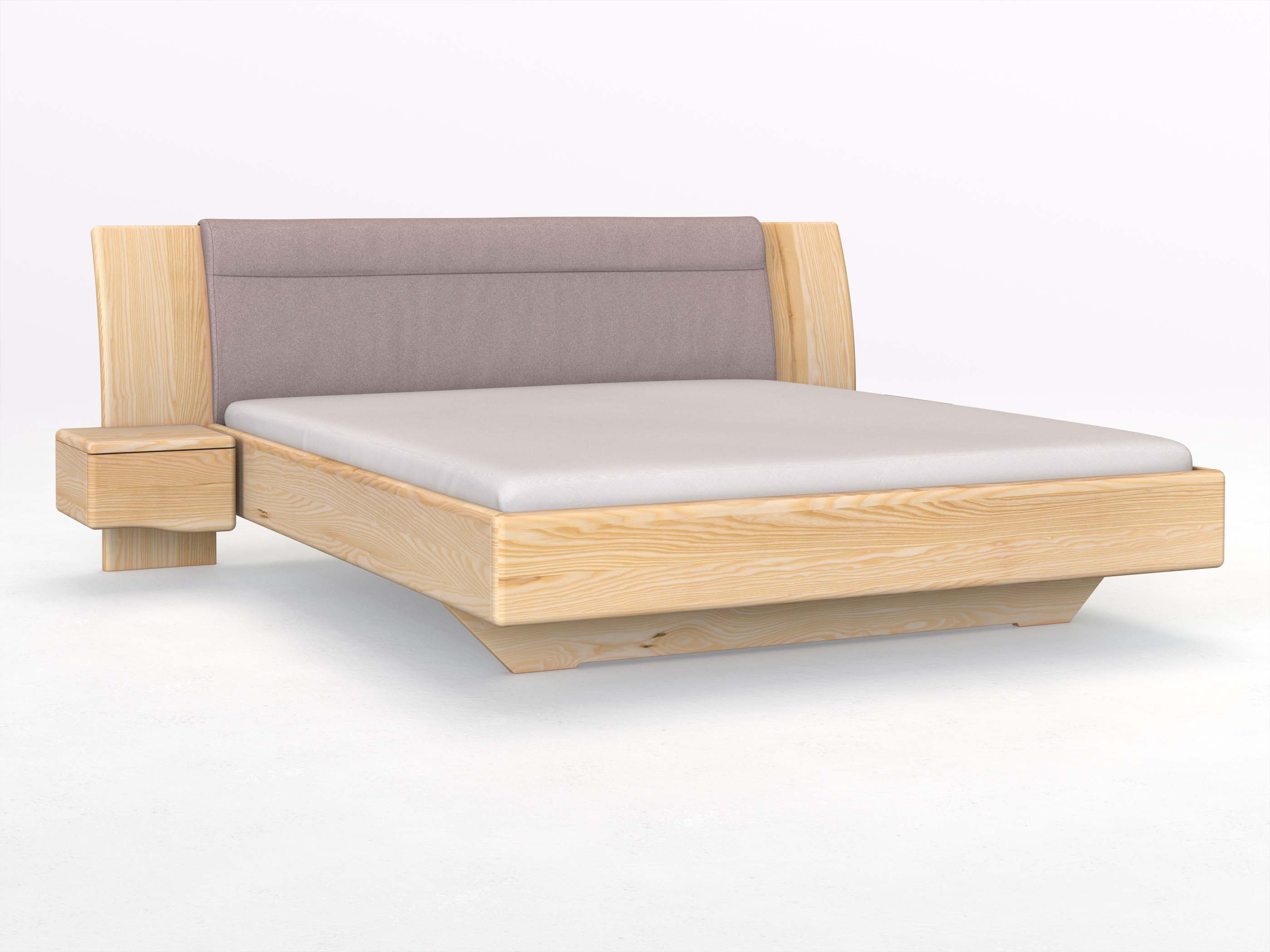 Eschenbett „Nadja“ in 180 x 200 cm, mit zwei Nachttischen (40cm) Griff: Welle und Stoff: Schafschurwolle „Fischgrät“ in der Farbe Zartflieder